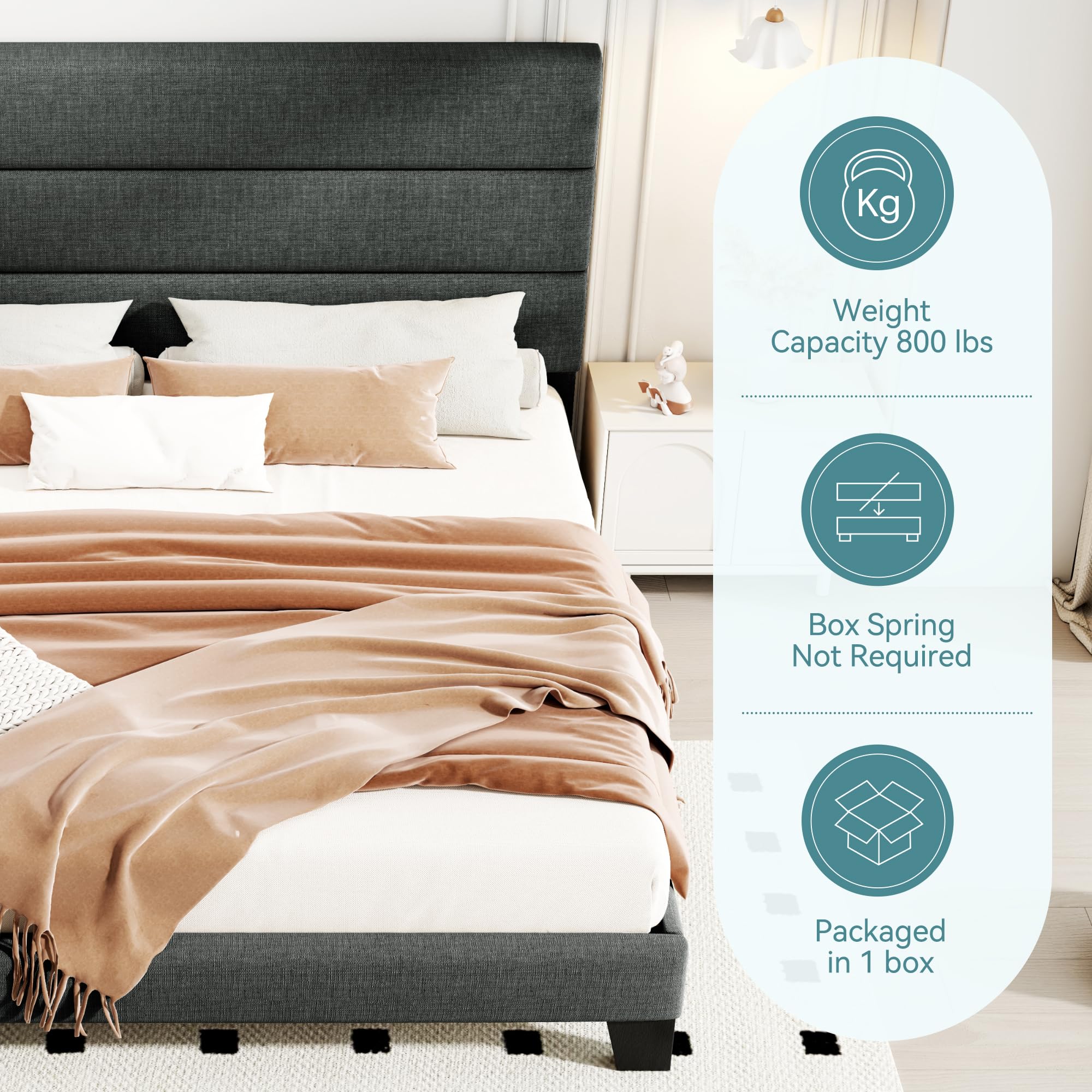 HOOMIC Full Size Bed Frame with Headboard - Dark Grey Upholstered Platform Bed with Wood Slat Support | No Box Spring Needed | Sturdy Mattress Foundation for Master Bedroom, Guest Room & Dorm