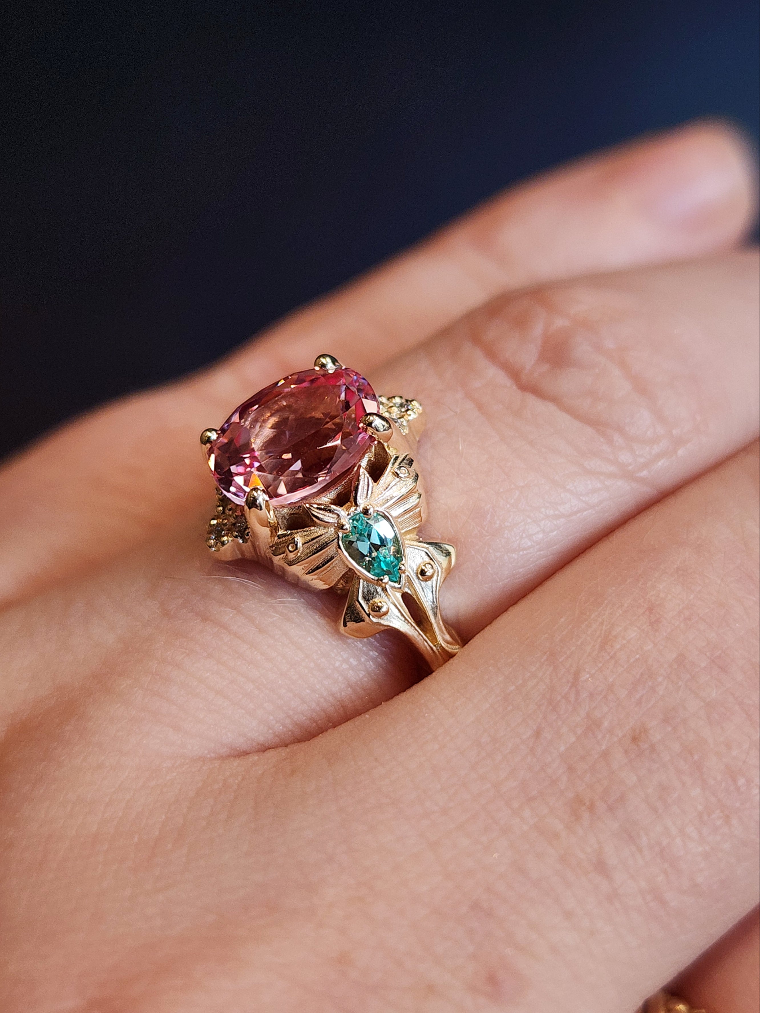 Luna Moth Engagement Ring - 14k Gold Oval Chatham Pink Champagne Sapphire & Chrysoberyl Pear Accents with Diamonds | Nature Inspired Jewelry for Weddings, Proposals & Anniversary Gifts