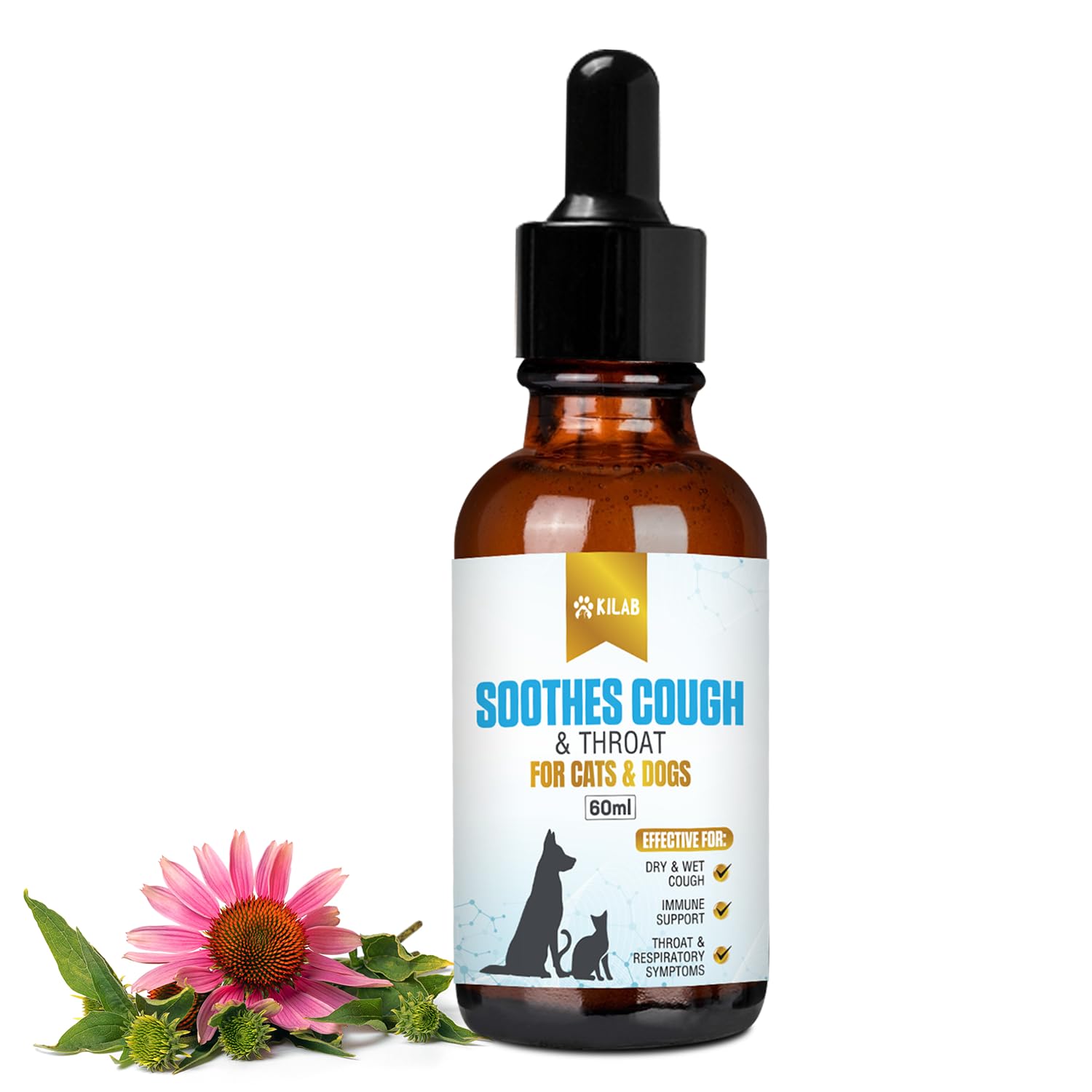 Natural Cat & Dog Cough Relief Medicine | Kilab Respiratory Support for Sneezing, Kennel Cough, Trachea Collapse & Pet Asthma | Herbal Remedy for Dogs & Cats (60ml) | Ideal for Travel, Boarding & Seasonal Allergies