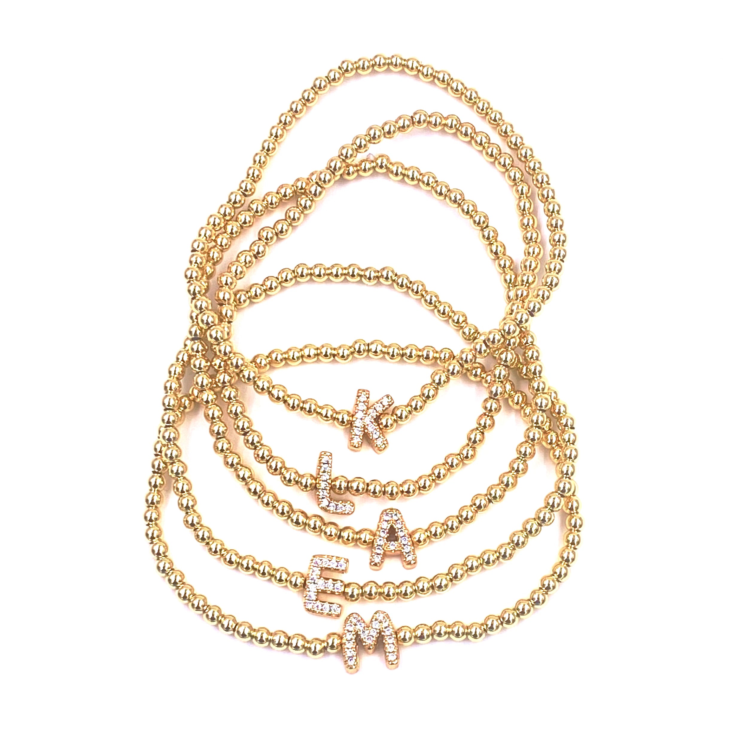 Ashley Gold Stainless Steel Gold Plated CZ Initial Bead Stretch Bracelet for Women - Elegant Beaded Jewelry for Parties, Weddings & Everyday Wear