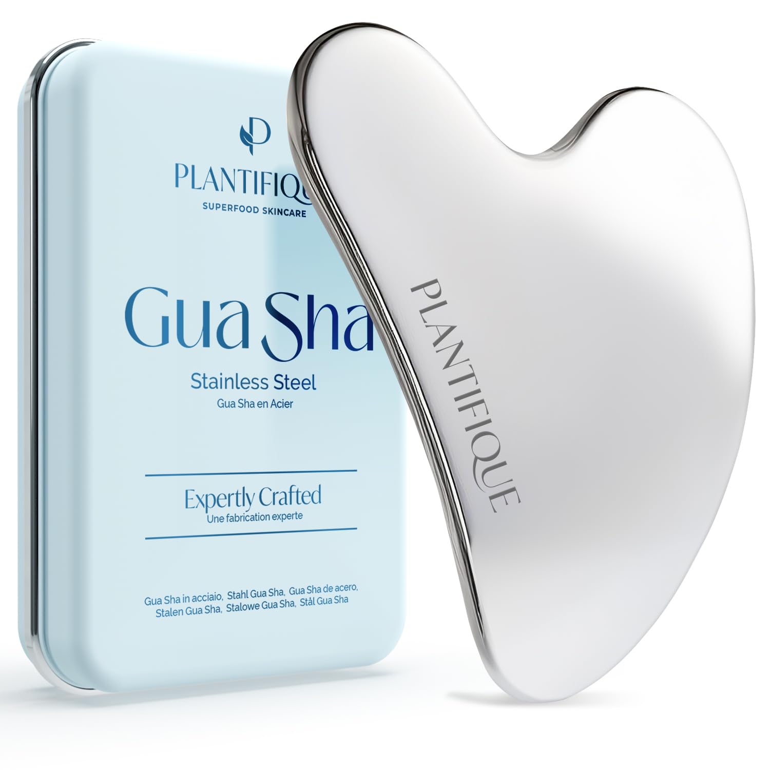 PLANTIFIQUE Stainless Steel Gua Sha Facial Tool for Skin Massage & Anti-Aging - Korean Vitamin C Face Serum with Collagen & Peptides - Ultimate Hydration for Glowing Skin - Perfect for Daily Skincare Routine, Spa Treatment & Self-Care Rituals