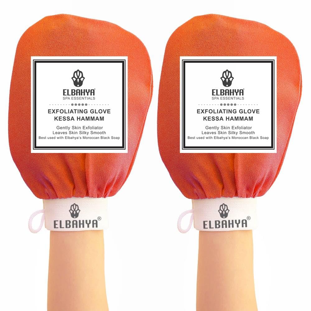 Exfoliating Mitt Body Scrubber - Kessa Hammam Glove for Dead Skin Removal (Pack of 2, Orange) - Perfect for Spa, Home Use & Moroccan Bath Rituals
