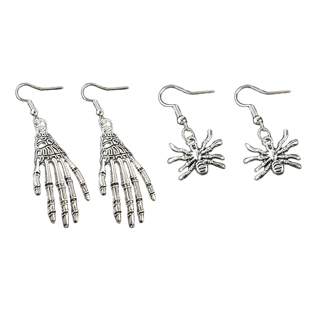 Spooky Halloween Spider Earrings for Women - Gothic Skeleton Hand Stud Earrings - 2 Pairs Set - Perfect for Halloween Costumes, Cosplay, and Gothic Fashion Accessories