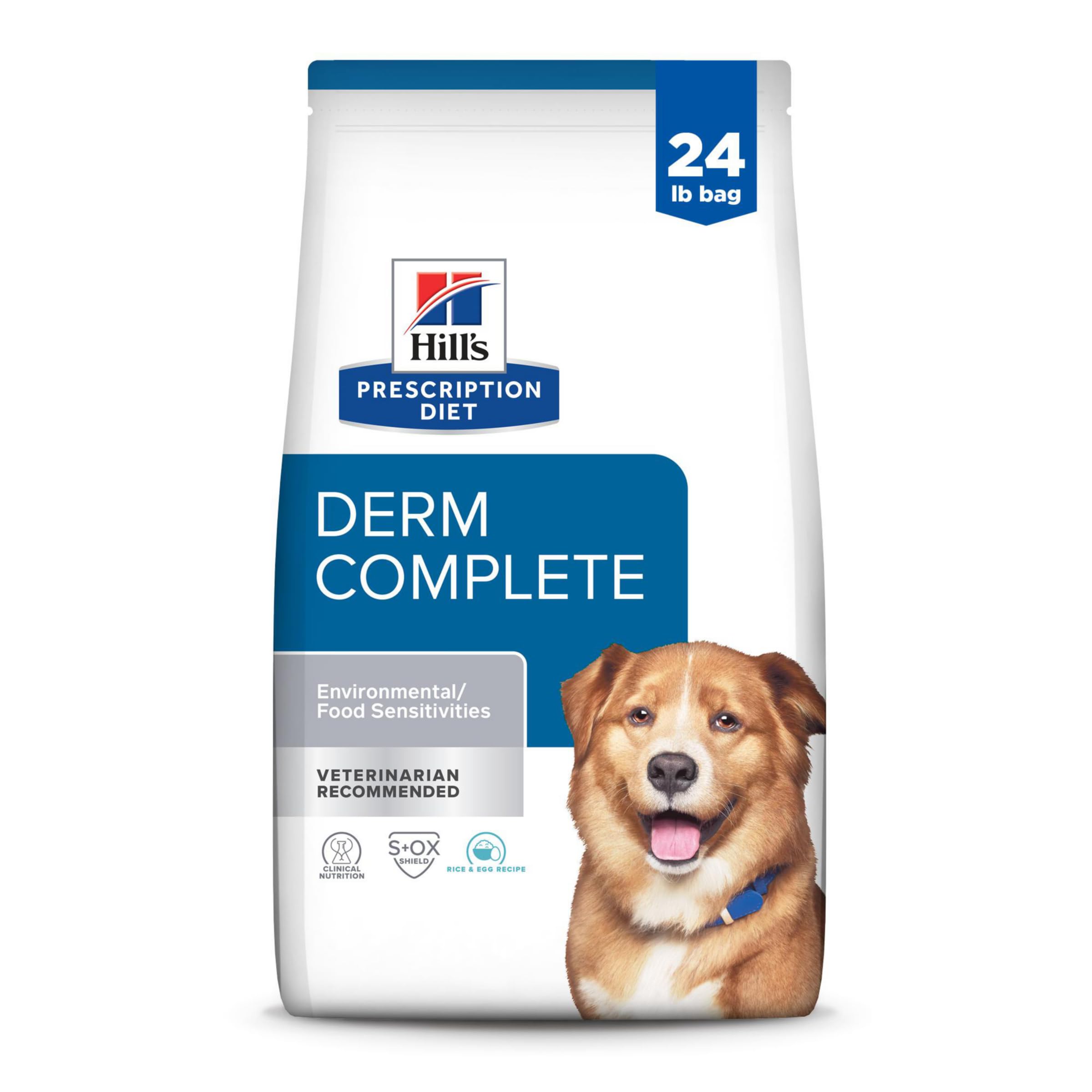Hill's Prescription Diet Derm Complete Dry Dog Food for Skin & Food Sensitivities - Rice & Egg Recipe Veterinary Diet (24 lb Bag) - Ideal for Dogs with Allergies, Itchy Skin & Digestive Issues