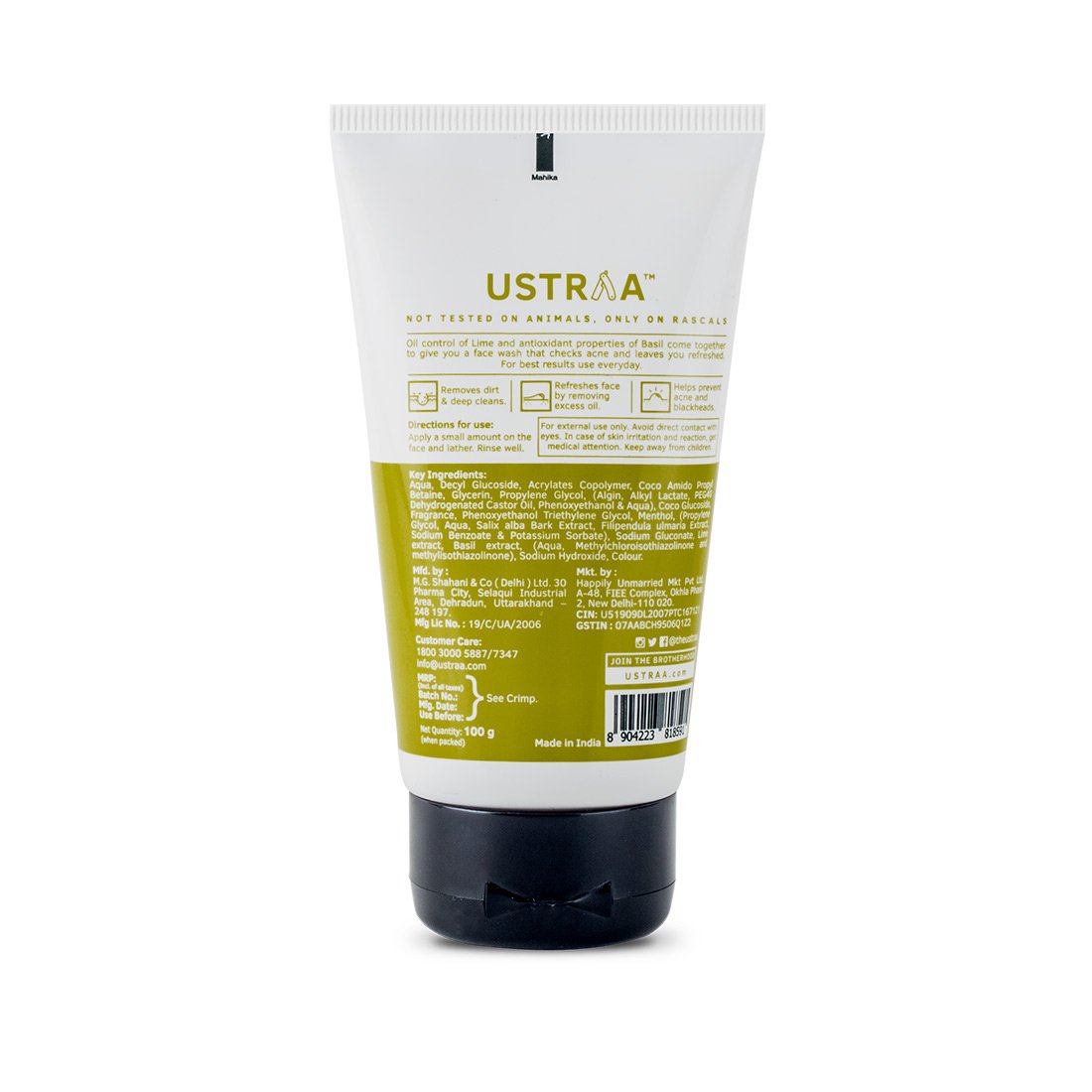 Ustraa Face Wash for Oily & Acne-Prone Skin - 2 x 100g Pack with Basil & Key Lime - SLS Free Formula Controls Excess Oil, Fights Acne & Blackheads - Deep Cleansing & Skin Repair - Perfect for Daily Skincare Routine & Post-Workout Refresh