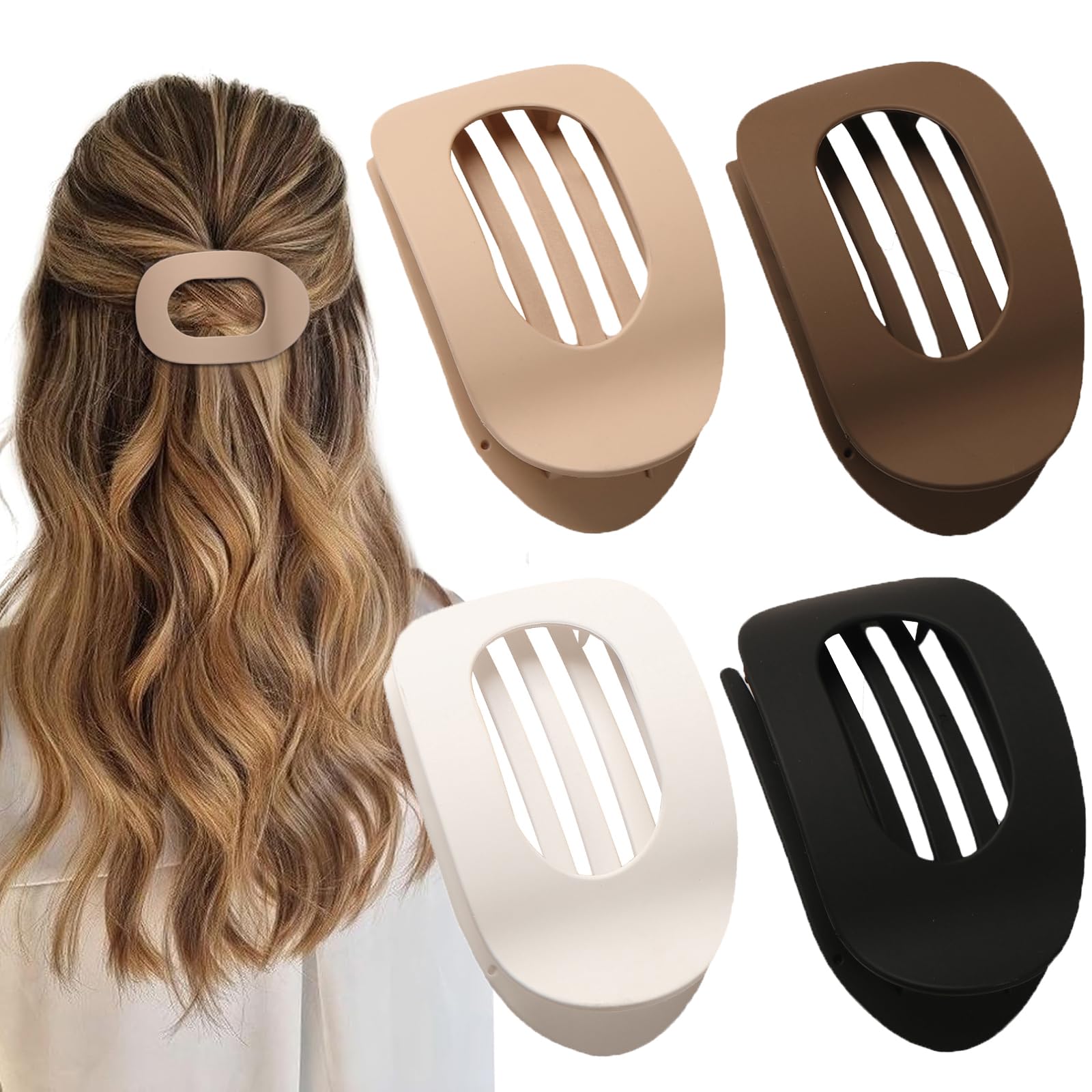 4 PCS Flat Hair Clips for Women - Round Lay Down Hair Claw Clips, French Strong Hold Barrettes for Thick & Thin Hair - Comfortable Curved Design for Sleeping, Driving & Daily Use (Neutral Matte) - Perfect for Work, School & Travel Accessories
