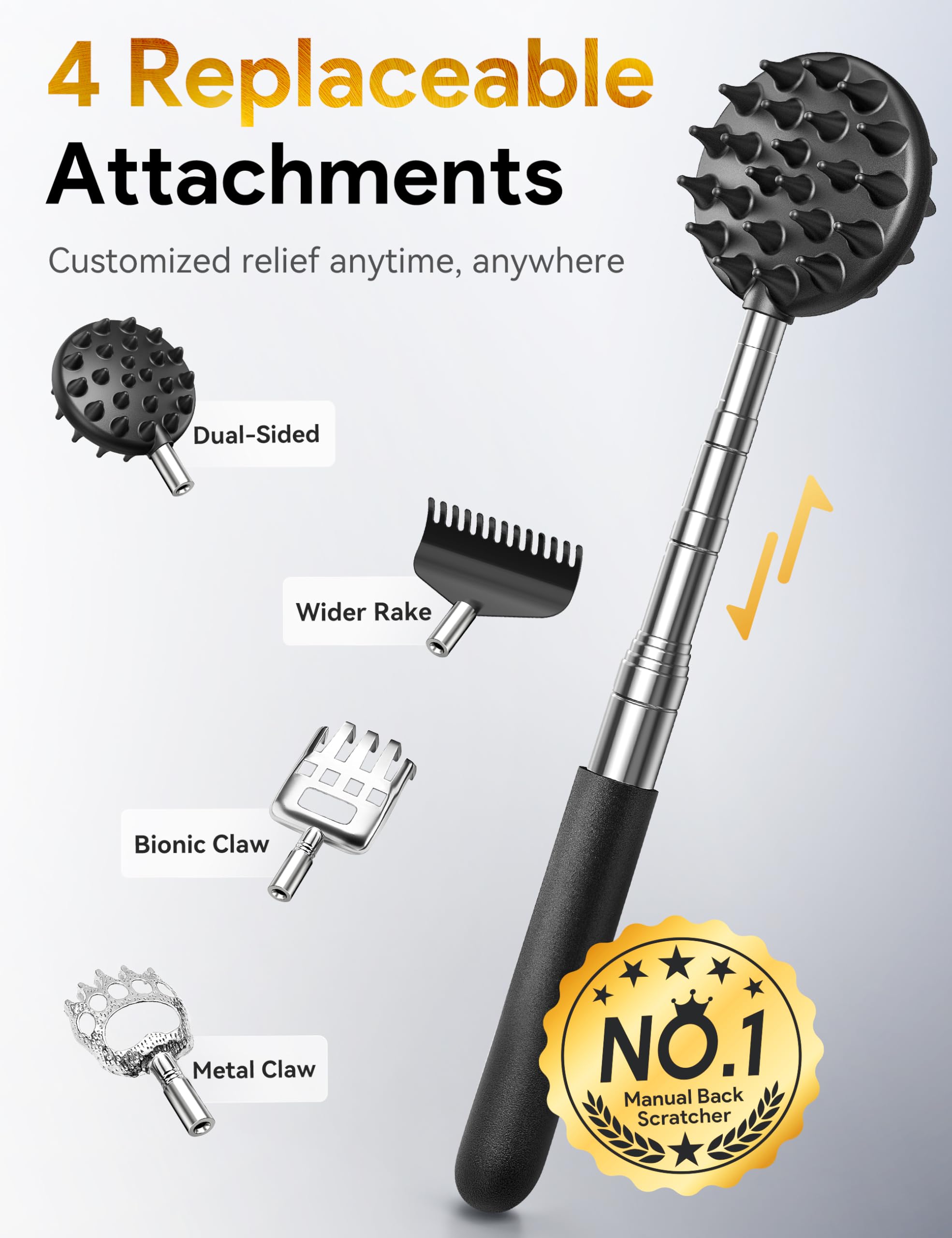 TUKUOS Extendable Back Scratcher with 4 Interchangeable Heads - Adjustable Length Back Scratcher for Men, Women & Dad - Perfect Gift for Itch Relief, Travel & Home Use