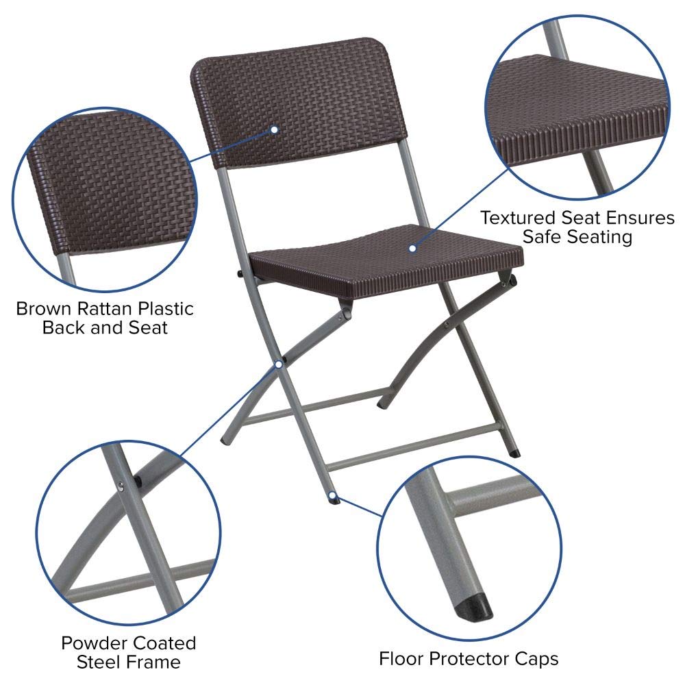 Flash Furniture 2-Pack HERCULES Series Brown Rattan Plastic Folding Chairs with Gray Frame - Outdoor Patio, Garden, Poolside & Indoor Events