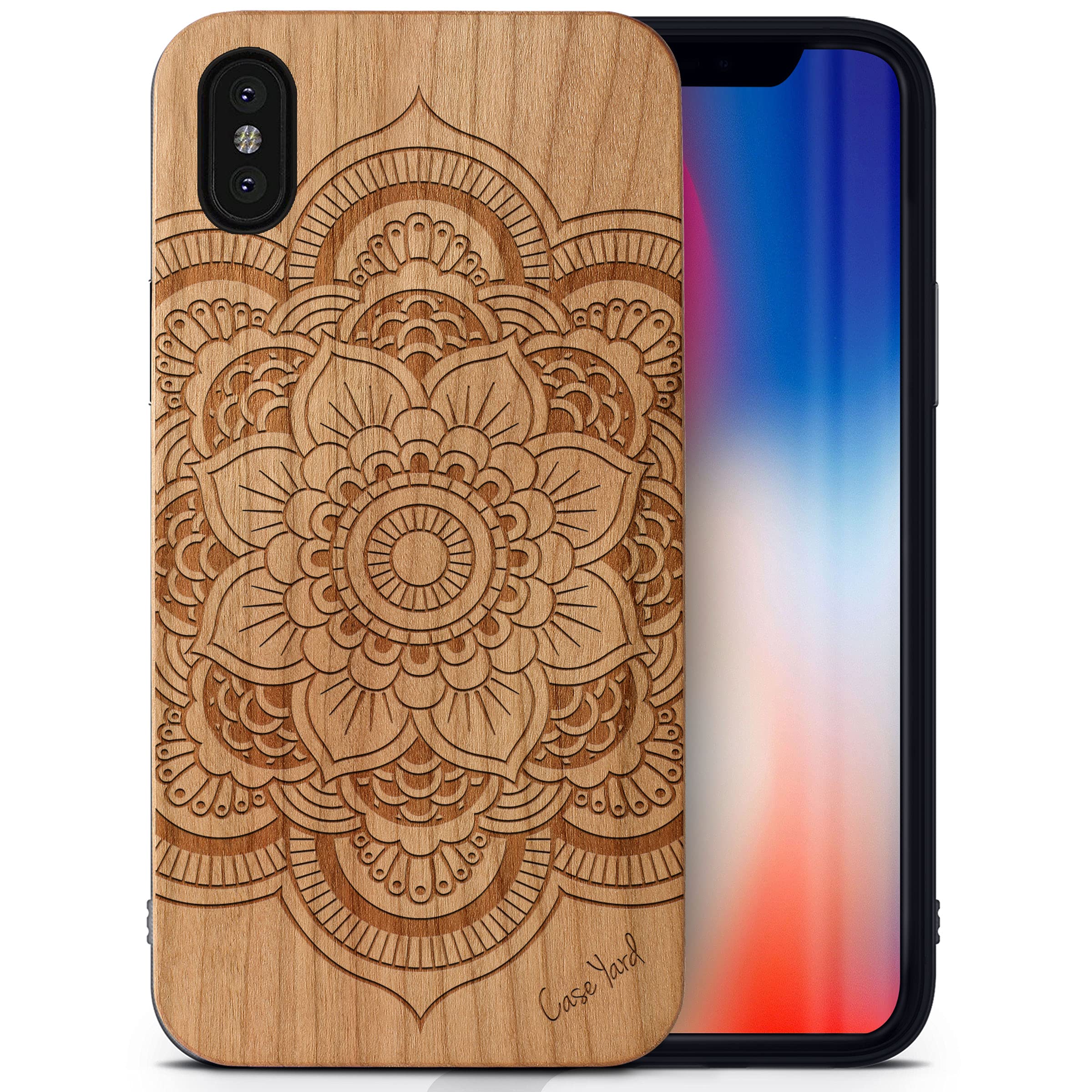 CaseYard Wooden Phone Case for iPhone X - Laser Engraved Floral Mandala Design Cherry Wood Cover | Slim Fit Shockproof Protective Case for Men & Women | Perfect for Outdoor Activities & Daily Use