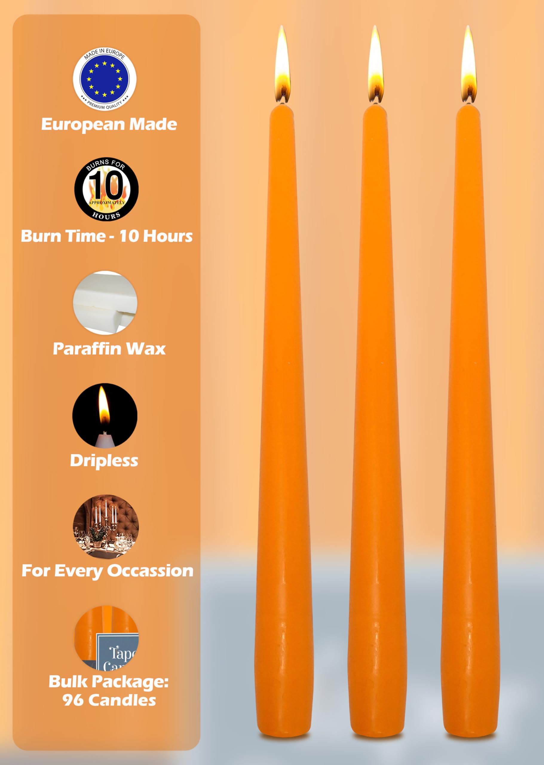 Hyoola 12 Inch Orange Unscented Dripless Taper Candles - 96 Pack Bulk for Weddings, Dining & Home Decor - Long Lasting 10 Hour Burn Time