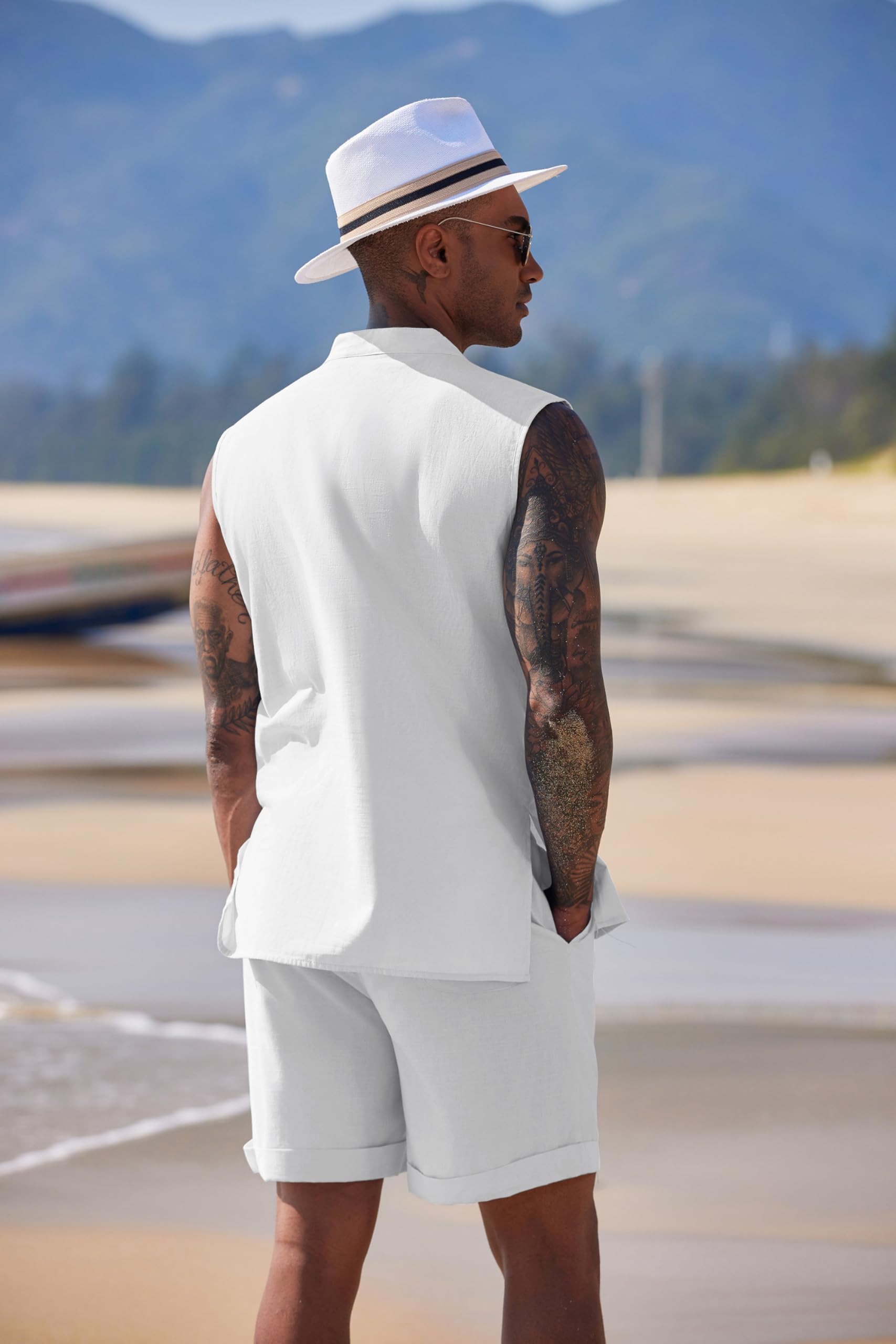 COOFANDY Men's 2-Piece Linen Outfit - Breathable Lace-Up Hippie Tank Top & Matching Shorts Set for Beach, Summer & Casual Wear | Lightweight Sleeveless Shirts for Vacation, Music Festivals & Boho Style