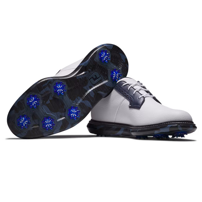 FootJoy Men's Traditions Golf Shoes - White/Navy Camo | Spiked Comfort for Walking & Golfing | Perfect for Golf Courses & Casual Wear