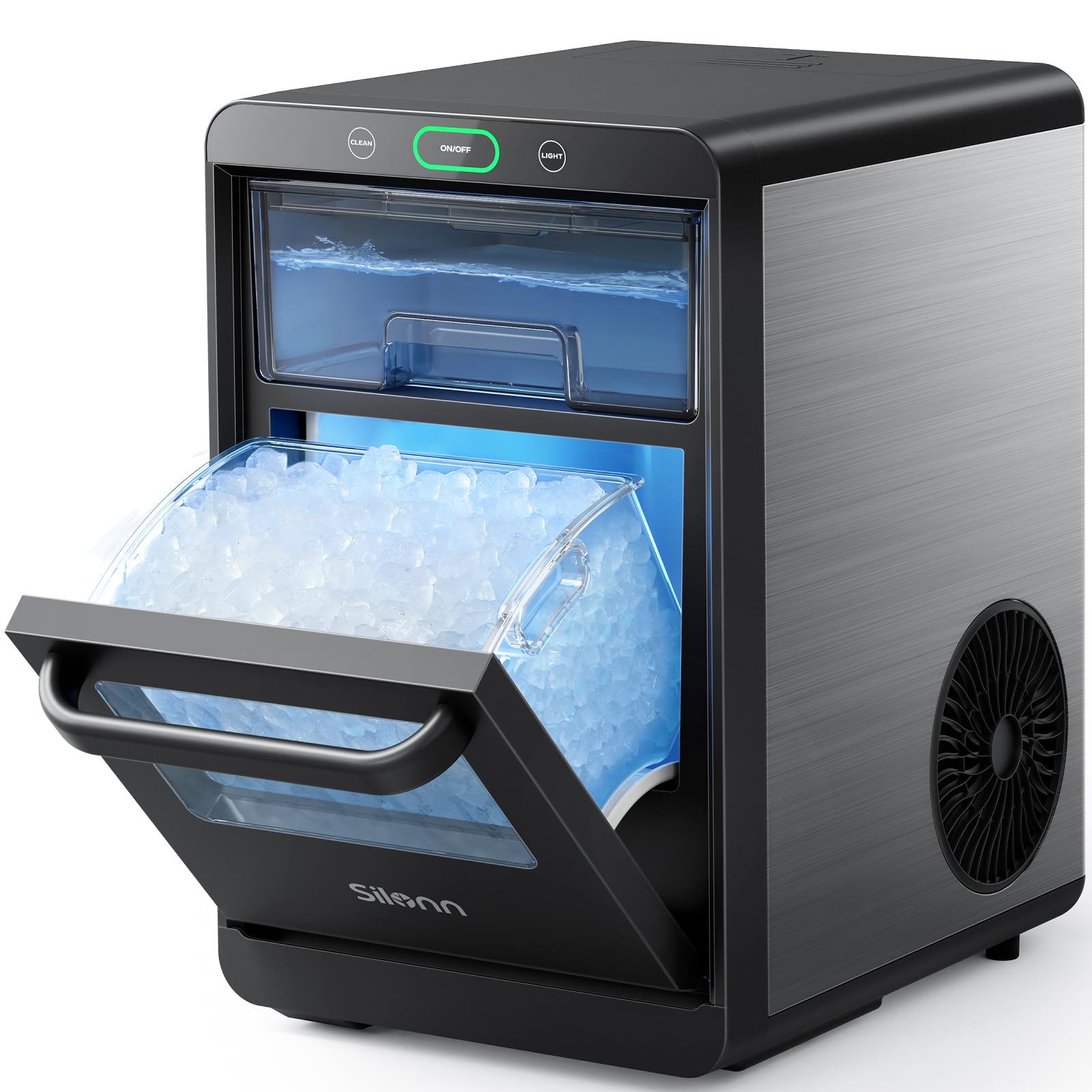 Silonn Countertop Nugget Ice Maker - 44lbs/24h Crushed Ice Machine with Pull-Out Water Tank & Removable Basket - Stainless Steel Pebble Ice Maker for Home, Kitchen, Office, Bar, RV - Perfect for Cocktails, Sodas & Entertaining