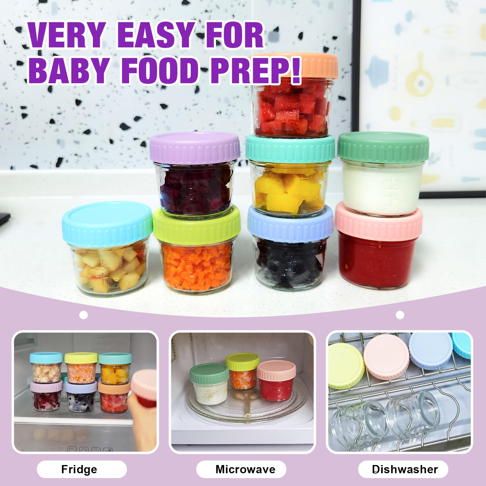 8 Pack 4 oz Glass Baby Food Storage Containers with Lids - BPA-Free, Microwave, Dishwasher & Freezer Safe Jars for Toddler Foods, Purees, Snacks & Fruits - Perfect for Meal Prep, On-the-Go Feeding & Homemade Baby Food Storage