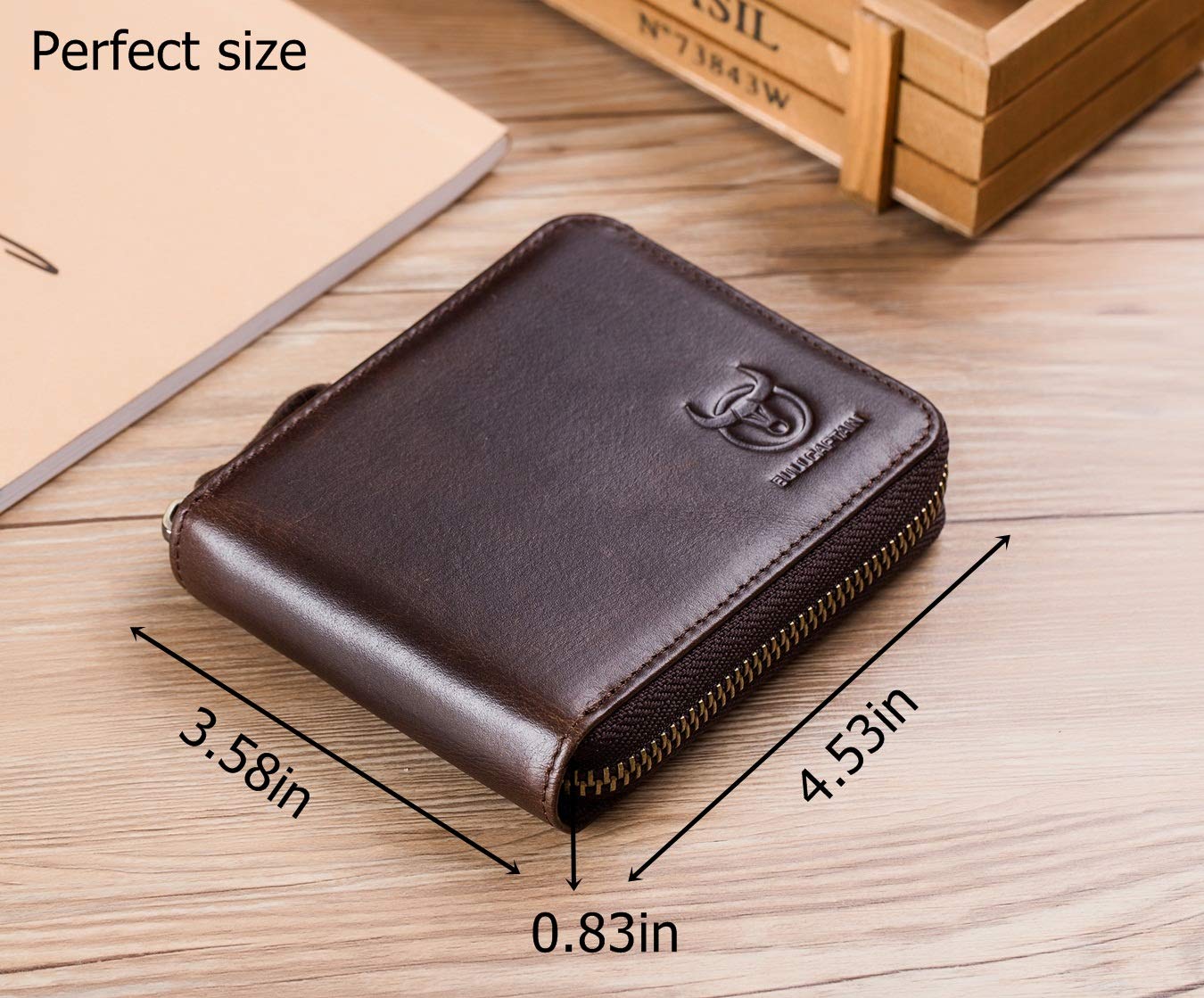 BULLCAPTAIN Genuine Leather RFID Blocking Bifold Wallet for Men - Slim ID Window Credit Card Holder with Zipper (Dark Brown) | Perfect for Everyday Use, Travel & Business