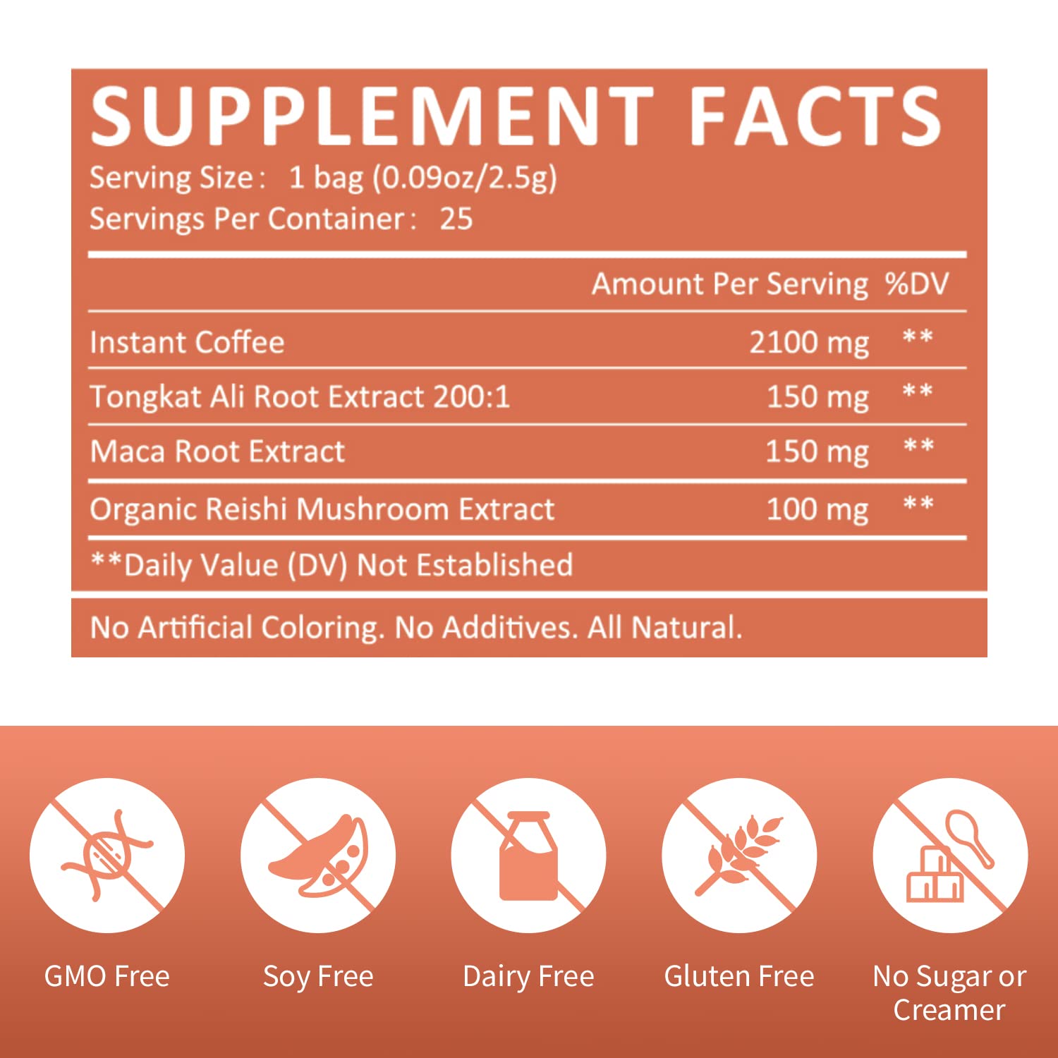 Organic Maca Energy Coffee with Tongkat Ali & Reishi Mushroom - Natural Herbal Coffee for Energy, Focus & Vitality - 25 Single-Serve Packets - Perfect for Workouts, Office & Morning Boost