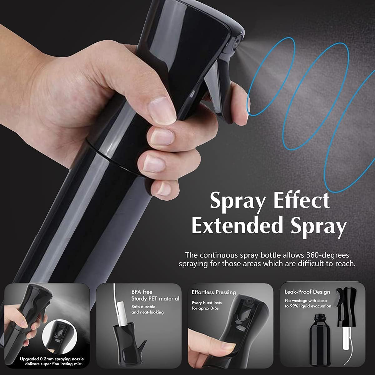 BIRZAR 300ML Refillable Spray Bottle - Hair Mist, Facial Spray, Salon Water Sprayer, Laundry & Cleaning Spray Bottle (Black) - Perfect for Hair Styling, Skincare, Plants & Home Use