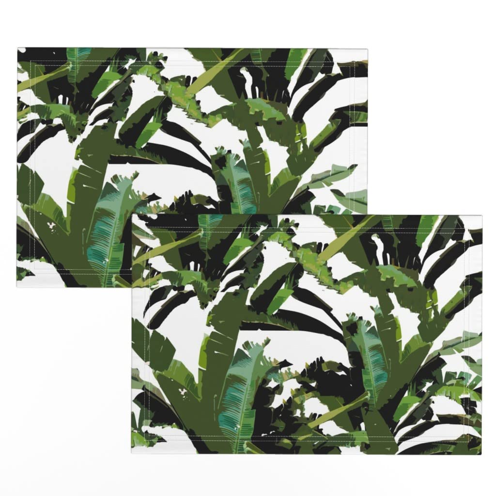 Premium Linen Cotton Canvas Placemats Set of 2 - Tropical Banana Leaf & Monstera Plant Print for Dining Table Decor, Kitchen Accessories, and Party Table Settings