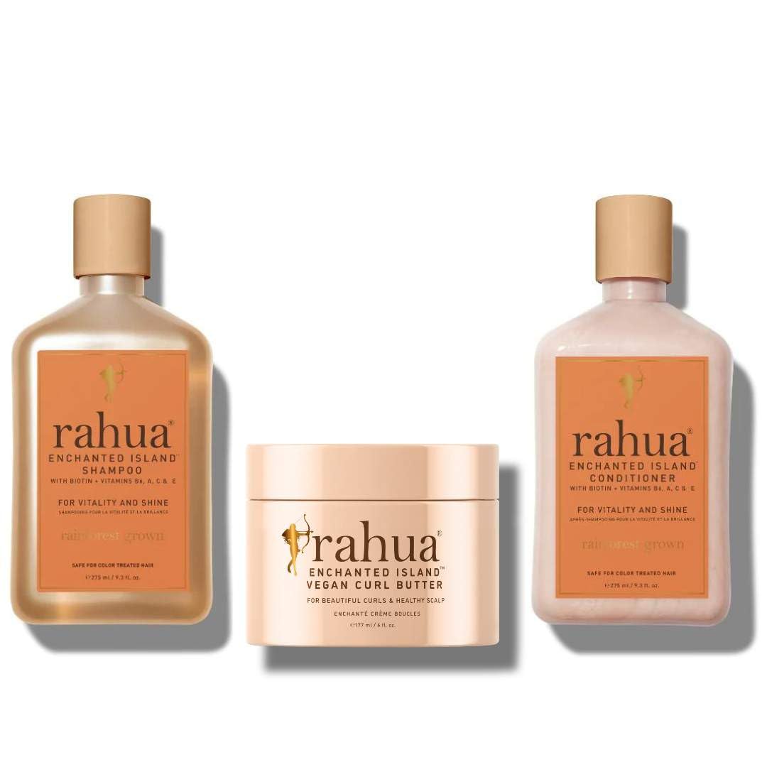 **Rahua Enchanted Island Shampoo & Conditioner Set (9.3 Fl Oz) + Vegan Curl Butter (6 Fl Oz) – Organic Hair Care for Revitalizing, Strengthening & Shine – Perfect for Curly, Dry & Damaged Hair – Salon-Quality Results at Home**    *(Use for: Deep hydration, frizz control, and natural curl definition for healthy, glossy hair.)*