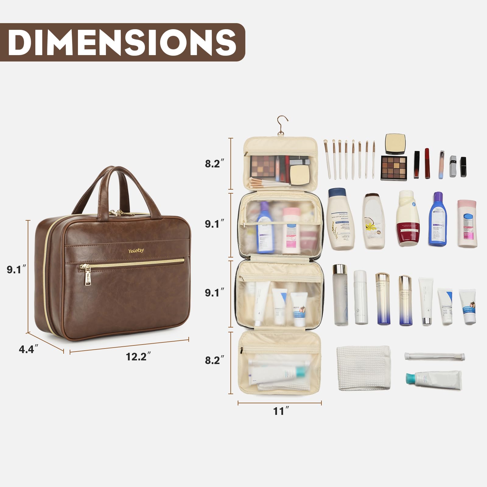 Yeiotsy Large Hanging Travel Toiletry Bag - Vegan Leather Cosmetic Organizer for Men & Women - Business Trip Essentials - Coffee Color - Perfect for Airplane, Gym & Vacation Packing
