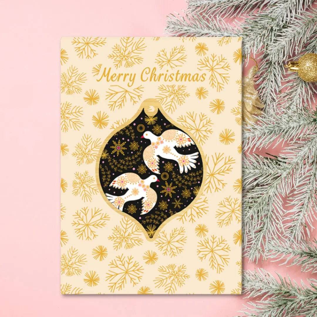 Peace Doves Christmas Card & Wooden Ornament Set - Handmade Holiday Greeting Cards with Wood Decorations for Xmas Tree - Perfect for Holiday Gifts, Home Decor & Christmas Celebrations