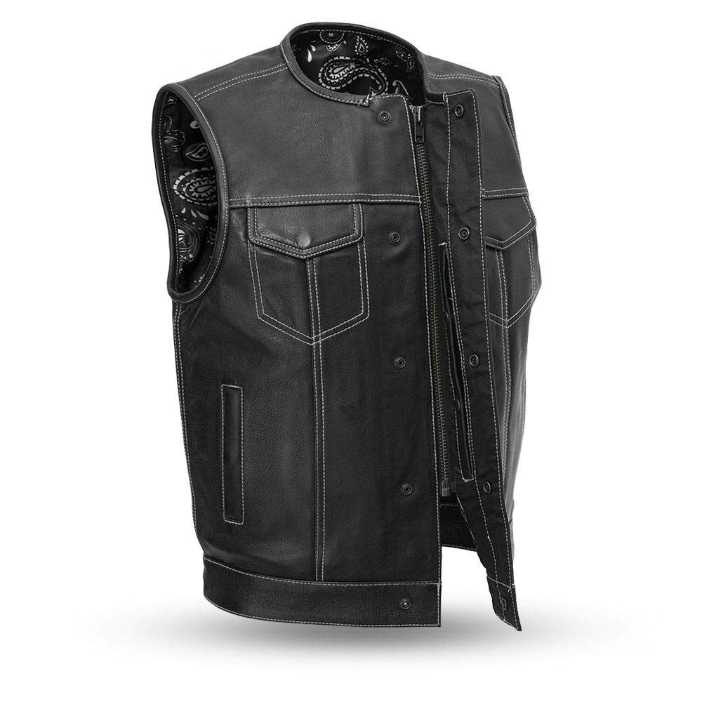 Men's Motorcycle Vest - Paisley Lined Collarless Leather Vest with SOA Premium Patches & External Gun Pocket | Perfect for Biker Rides, Motorcycle Clubs & Outdoor Adventures