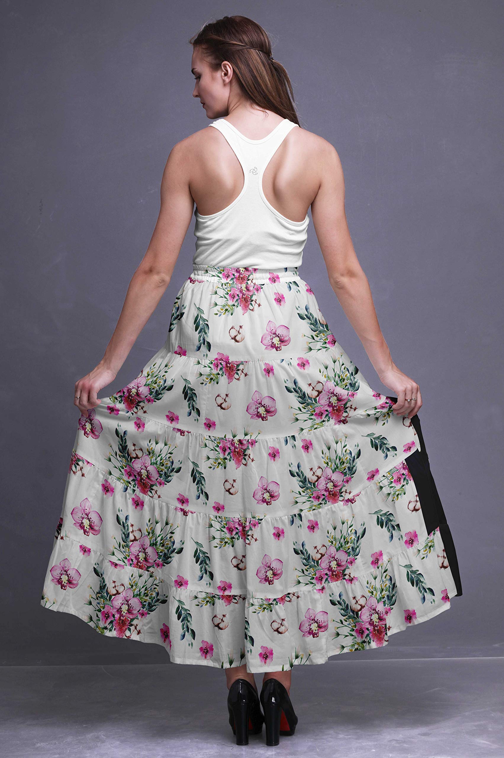 Boho Printed Maxi Skirts for Women - 5-Tier Long Cotton Skirt with Floral Design - Perfect for Beach, Festival & Summer Outfits