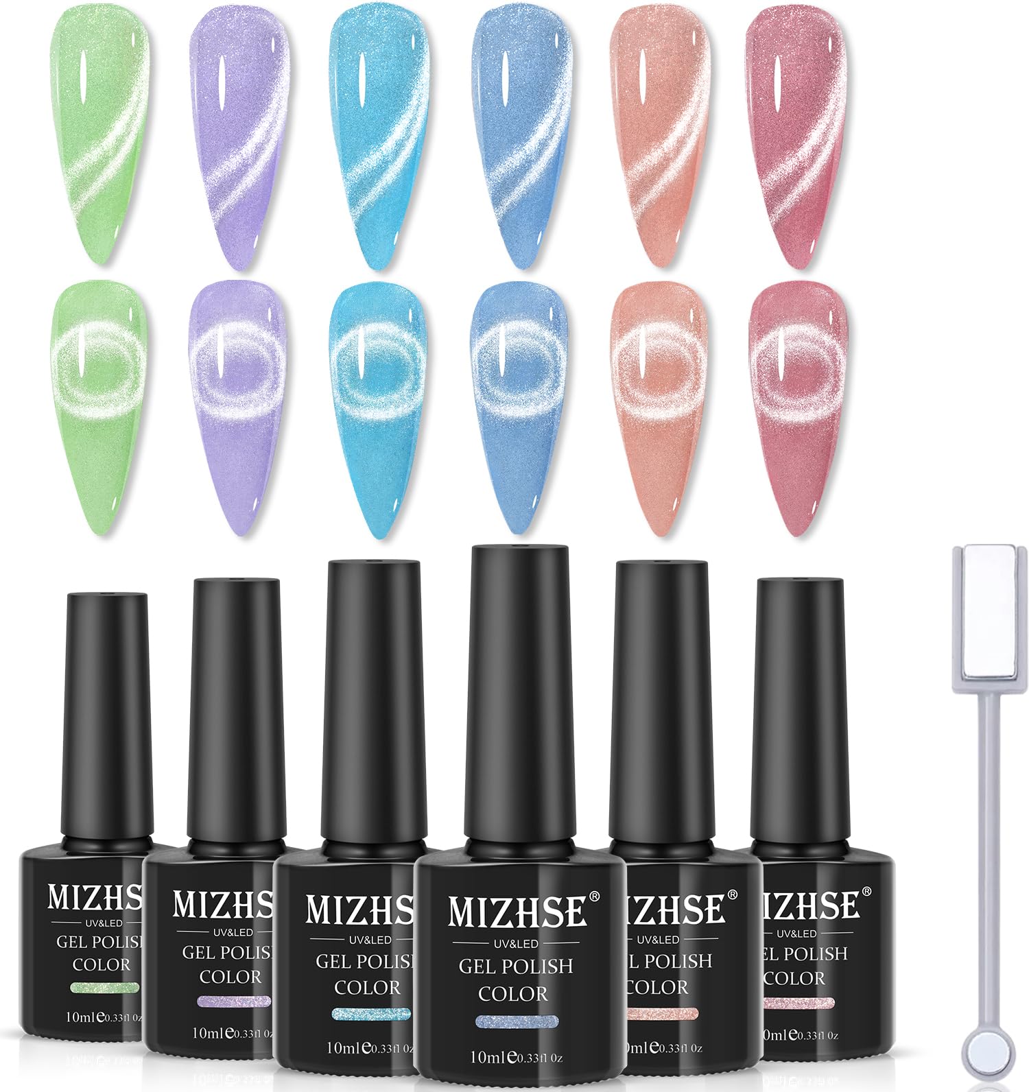 MIZHSE Magnetic Cat Eye Gel Polish Set - 10ml Soak Off UV LED Nail Polish with Magnetic Stick (6 Colors) - Long Lasting Salon Quality Nail Art for Manicures & Pedicures