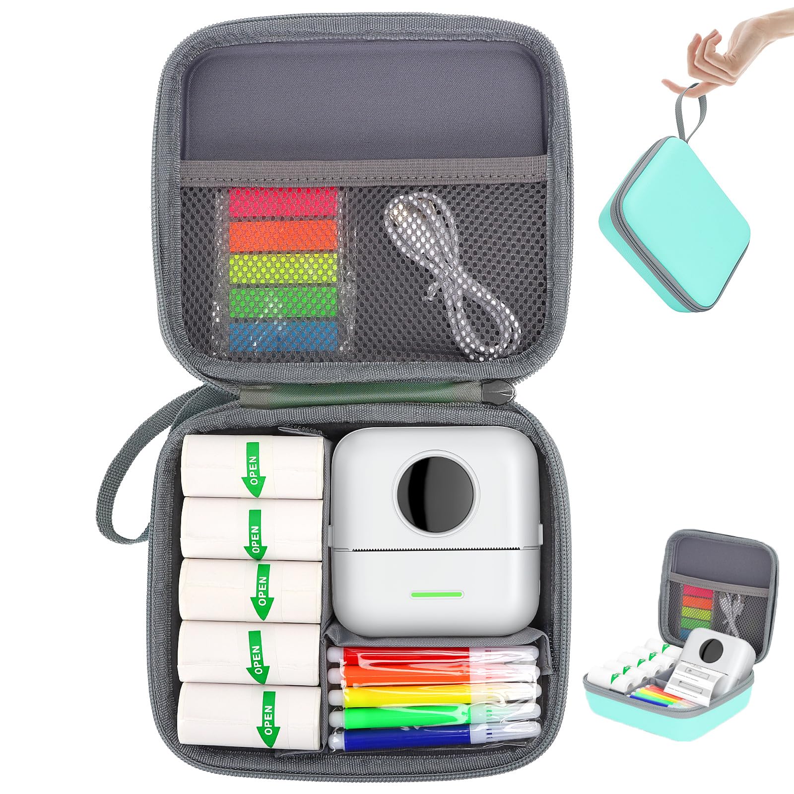 HuiJuKeJi Mini Sticker Printer Case - High Capacity Hard Protective Storage Box for X5/Phomemo M02/T02 Printers | Portable Carrying Case for Thermal Inkless Photo Printers, Instant Cameras & Label Makers (Green) - Perfect for Travel, Office & Home Organization