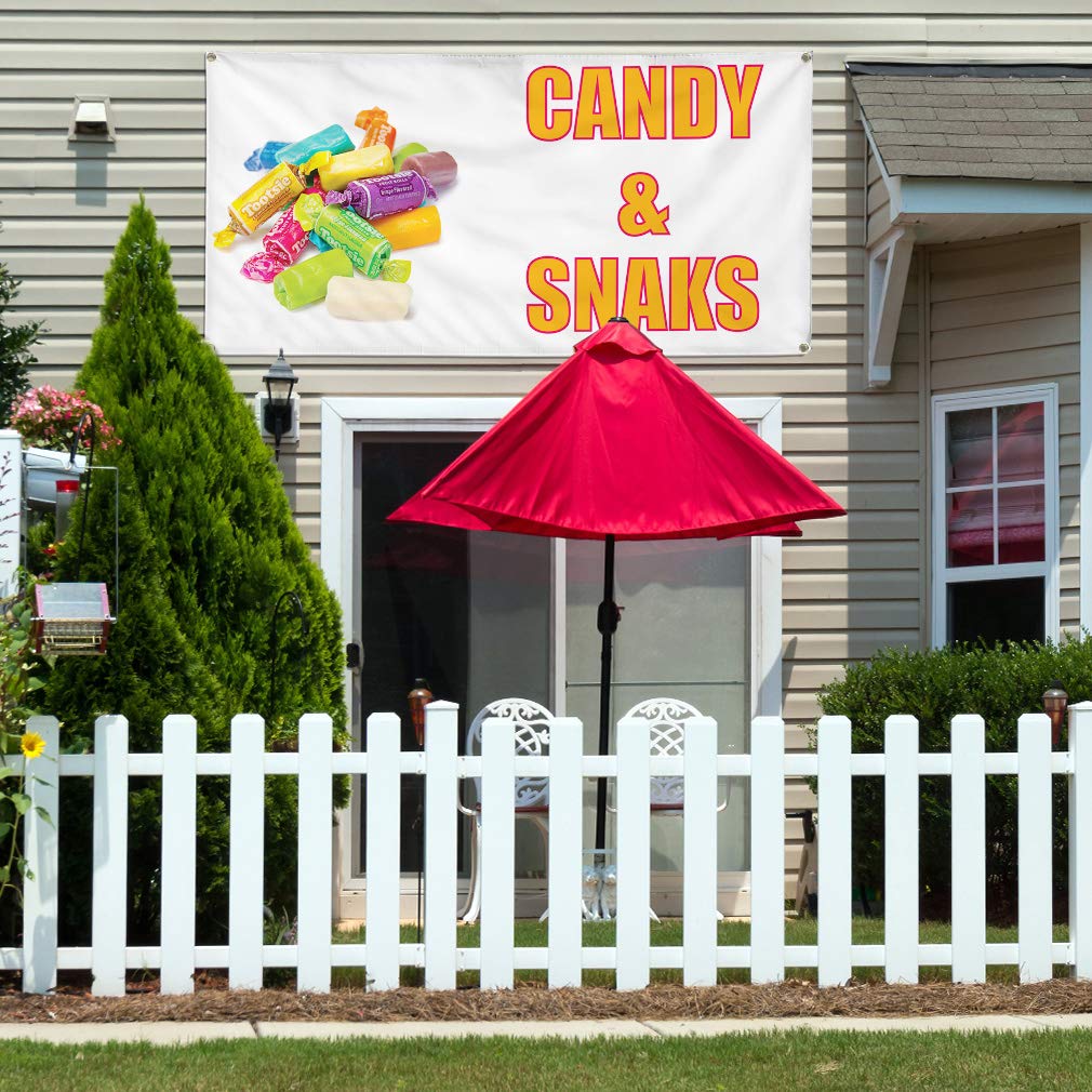 Custom Vinyl Banner 48x96 Inches - Weatherproof Outdoor Advertising Sign for Candy, Snacks & Beverage Promotion - White with 8 Grommets - Perfect for Retail Stores, Trade Shows & Yard Sales
