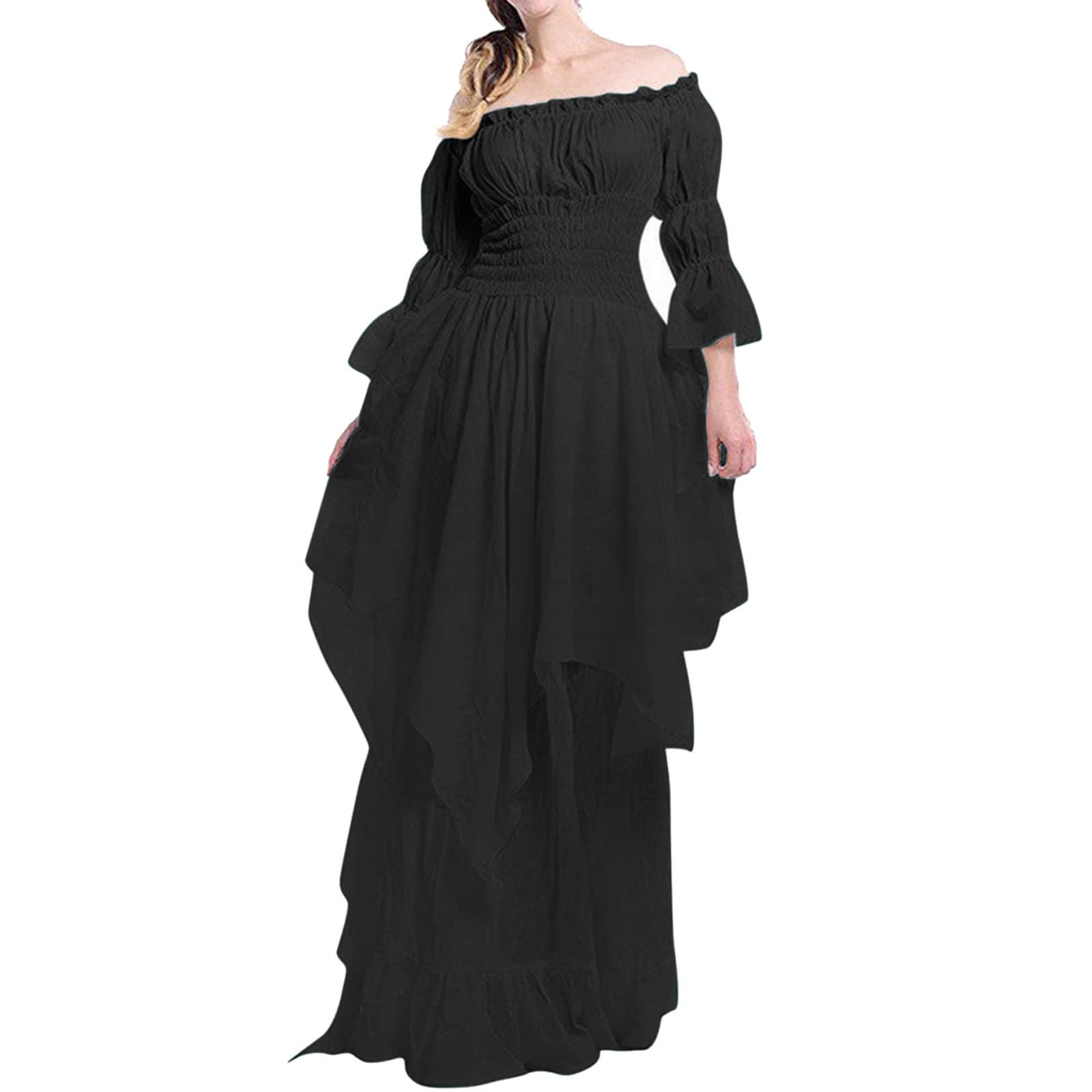Gothic Black Dress for Women - Victorian Style Pleated Lantern Sleeve Robe | Elegant Goth Clothing for Halloween, Cosplay & Dark Aesthetic Fashion