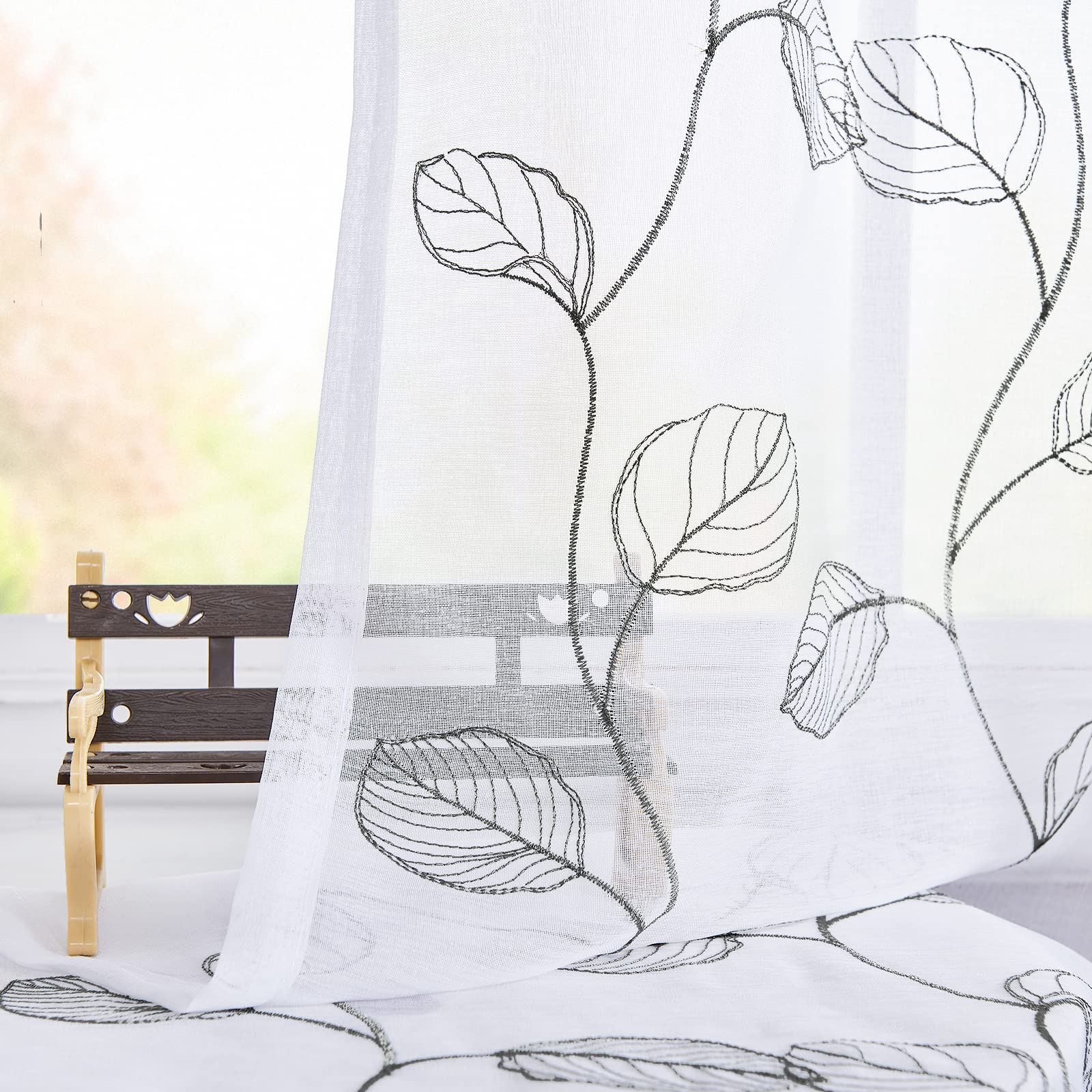 White Sheer Grey Leaf Embroidered Voile Kitchen Curtain Valance - 18 Inch Rod Pocket Farmhouse Window Treatment for Kitchen, Living Room & Bedroom