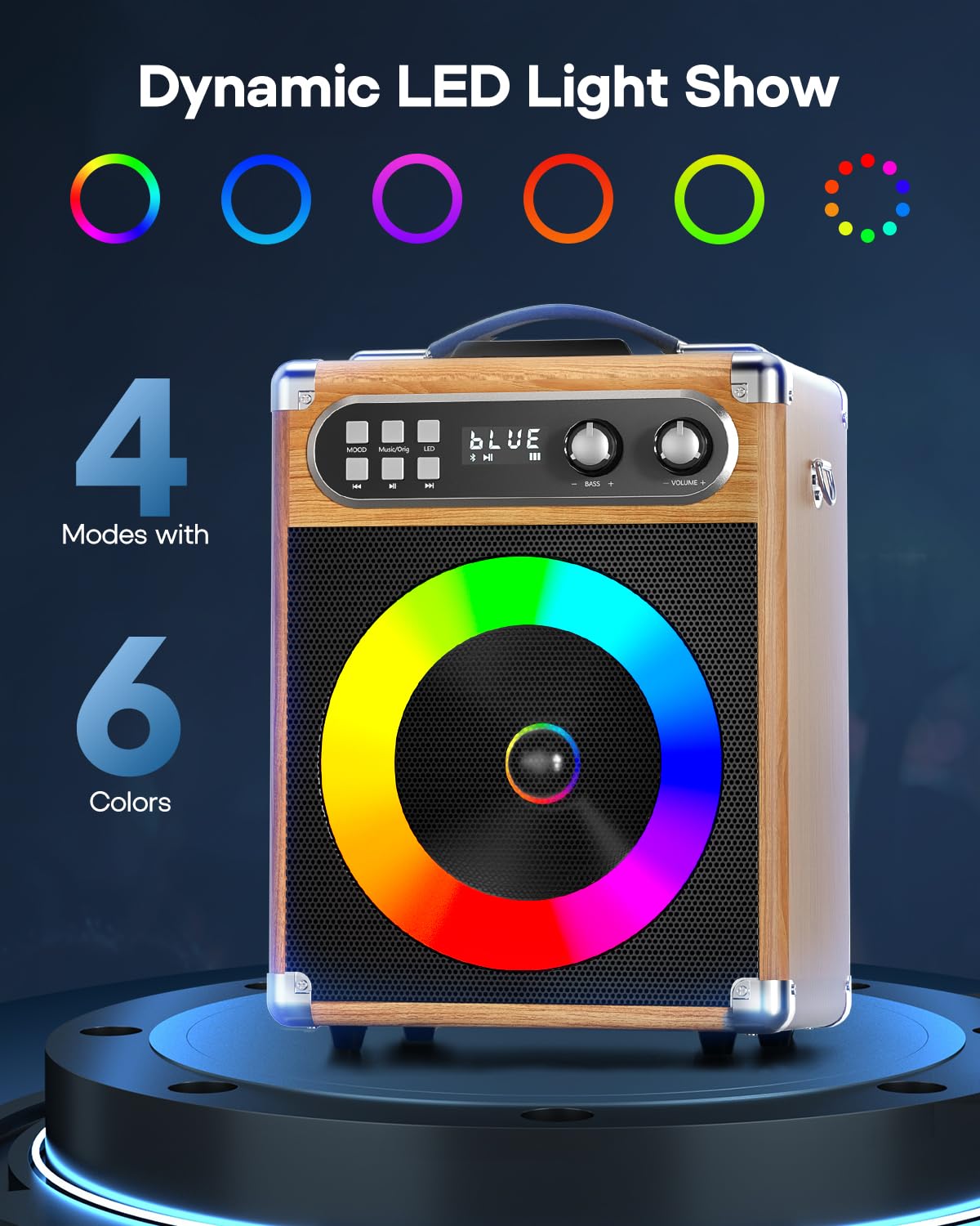 Portable Bluetooth Karaoke Machine with 2 Wireless Microphones - PA System with Bass/Echo Control, LED Lights, TF Card/USB/Aux Input for Home Parties, Indoor/Outdoor Gatherings & Birthday Celebrations (Wood-NT002)