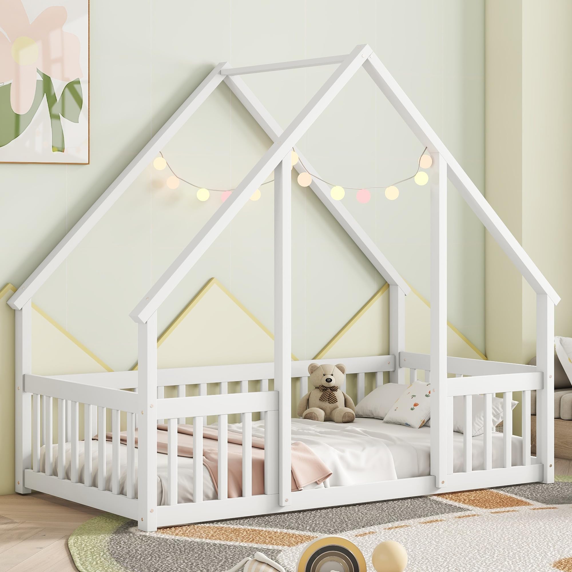 Montessori Twin Size House Bed for Kids - Wooden Floor Bed with Safety Fence Rails - White Bed Frame for Girls, Boys & Teens - Perfect for Playrooms, Bedrooms & Montessori Learning Spaces