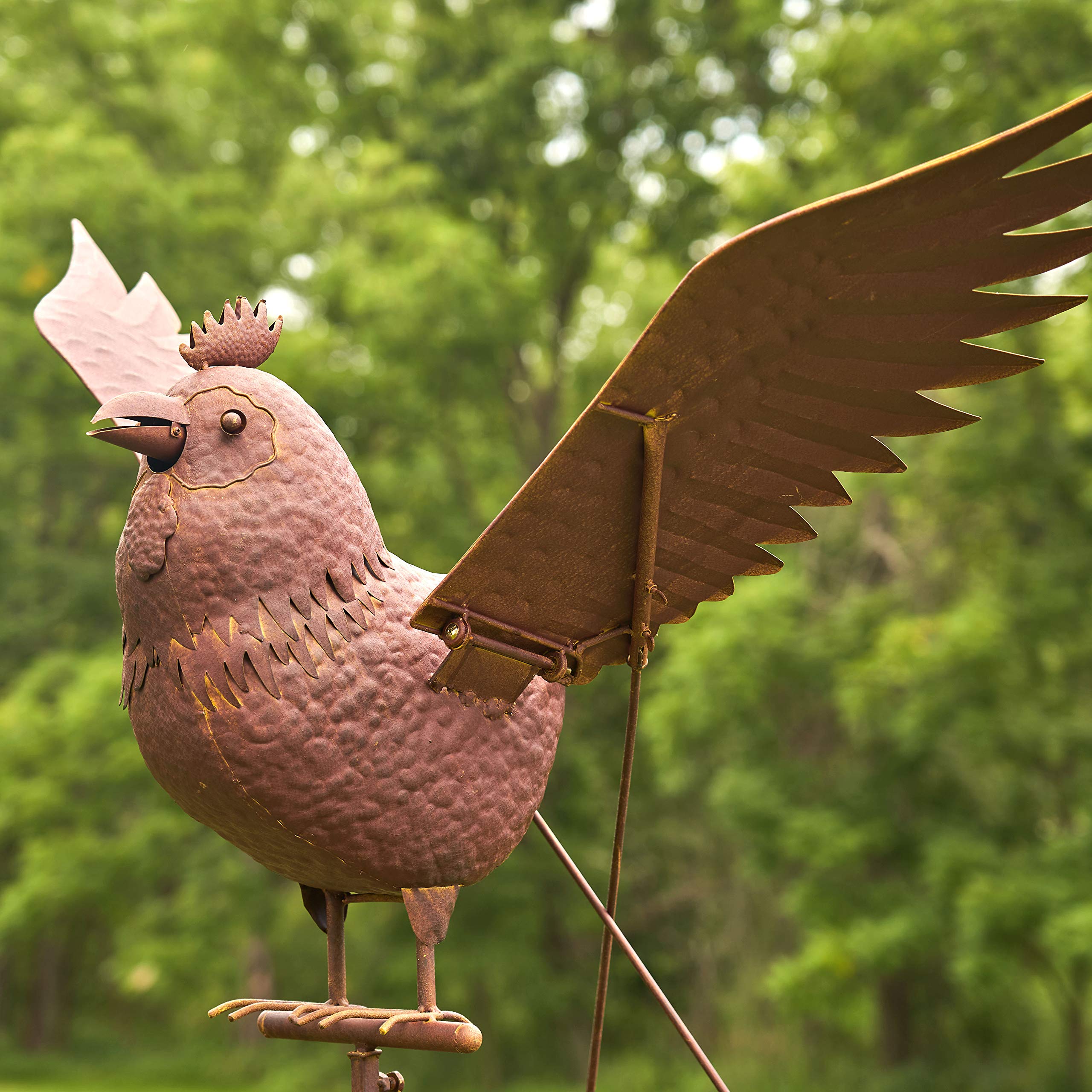 Large Rocking Animal Garden Stakes with Flapping Wings - Rust Brown Rooster Decoration for Outdoor Yard, Patio & Flower Beds
