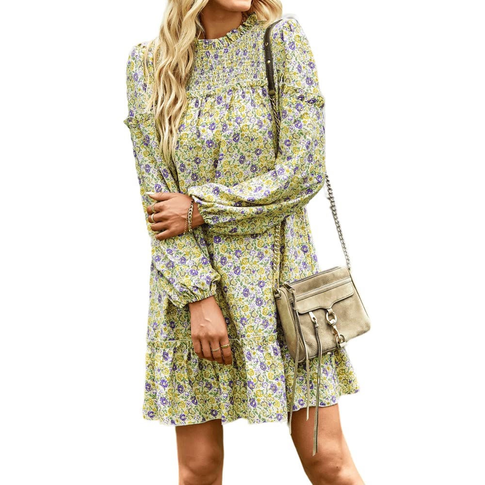 Boho Floral Casual Dresses for Women - Elegant Ruffle Long Sleeve V-Neck Tie Blouse, Flowy Beach Dress for Summer Vacation, Date Night & Outdoor Parties
