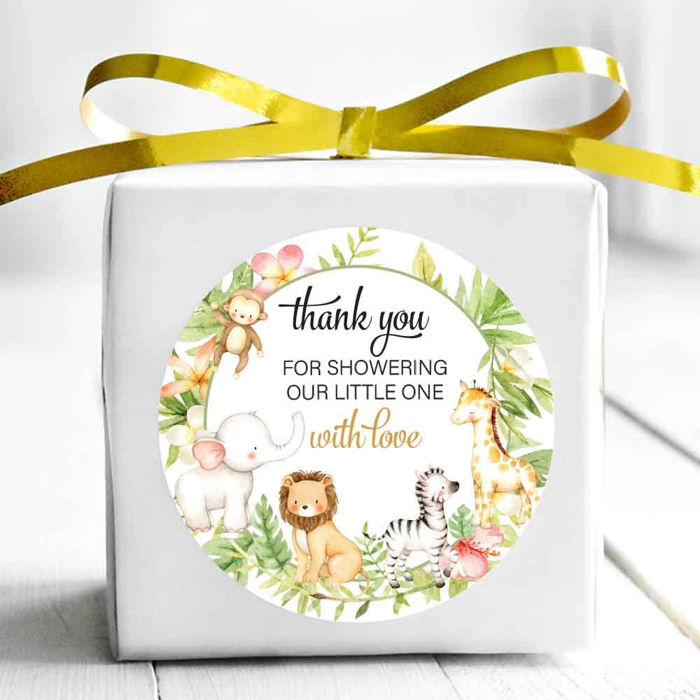 1.9 Inch Round Thank You Stickers for Baby Shower Party Favors - Cute Safari Animal Design - 60 Adhesive Labels for Gifts, Cards & Decorations