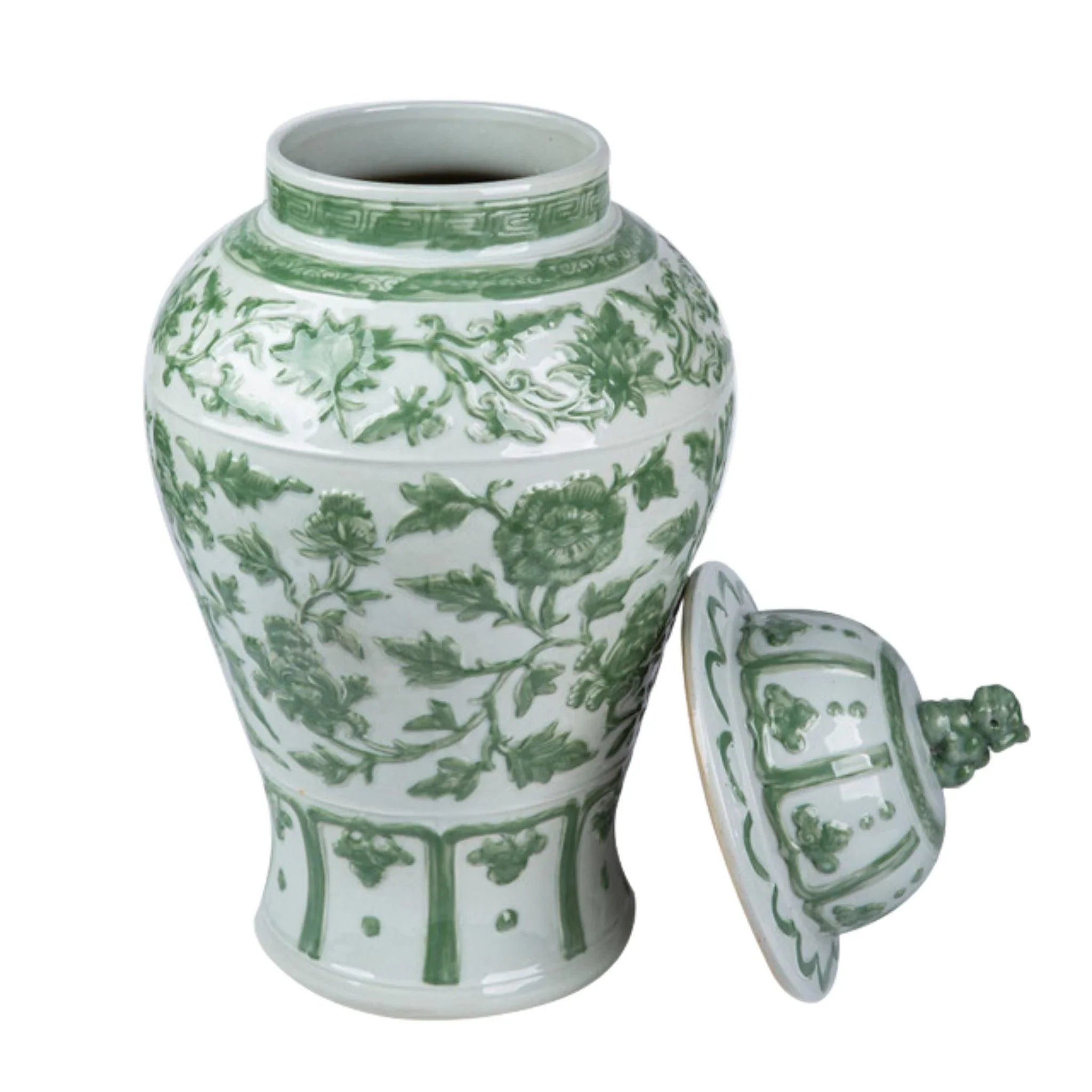 Antique Celadon Green Porcelain Temple Jar with Exquisite Floral Carvings & Lion Lid - Perfect for Home Decor, Asian-Inspired Interiors & Collectible Display