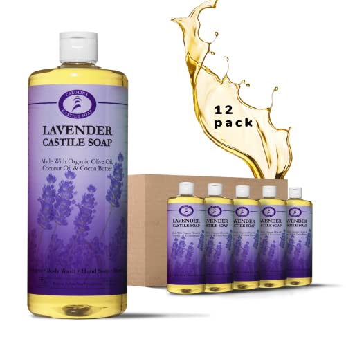 Organic Lavender Castile Liquid Soap - Moisturizing Olive Oil Body Wash for Soft Skin - Vegan & Pure Castile Soap (Lavender, 32oz, 12-Pack) - Perfect for Shower, Bath & Hand Washing
