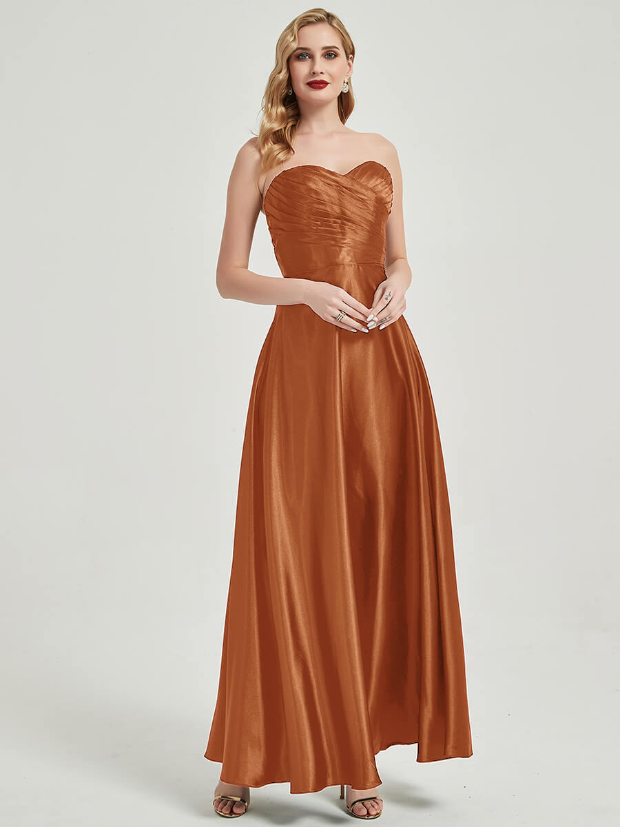 Elegant Cooper Satin Sweetheart Strapless Floor-Length Pleated Bridesmaid Dress for Weddings & Formal Events - Perfect for Bridal Party, Prom & Evening Occasions