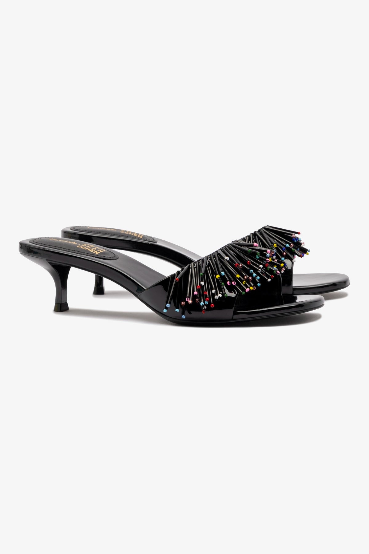 Larroudé x Jonathan Cohen Black Patent Leather Fringe Greta Mule - Stylish Women's Shoes for Parties & Evening Events