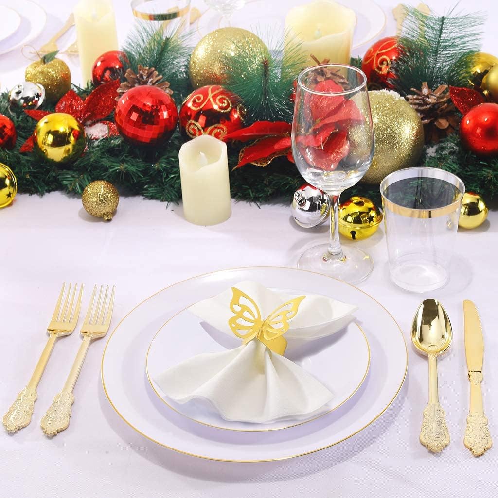 200PCS White Plastic Plates with Gold Rim - 100PCS 7.5inch Disposable Dessert Plates & 100PCS 10.25inch Dinner Plates - Elegant Gold Plastic Plates for Wedding, Party, Birthday, Baby Shower & Holiday Celebrations