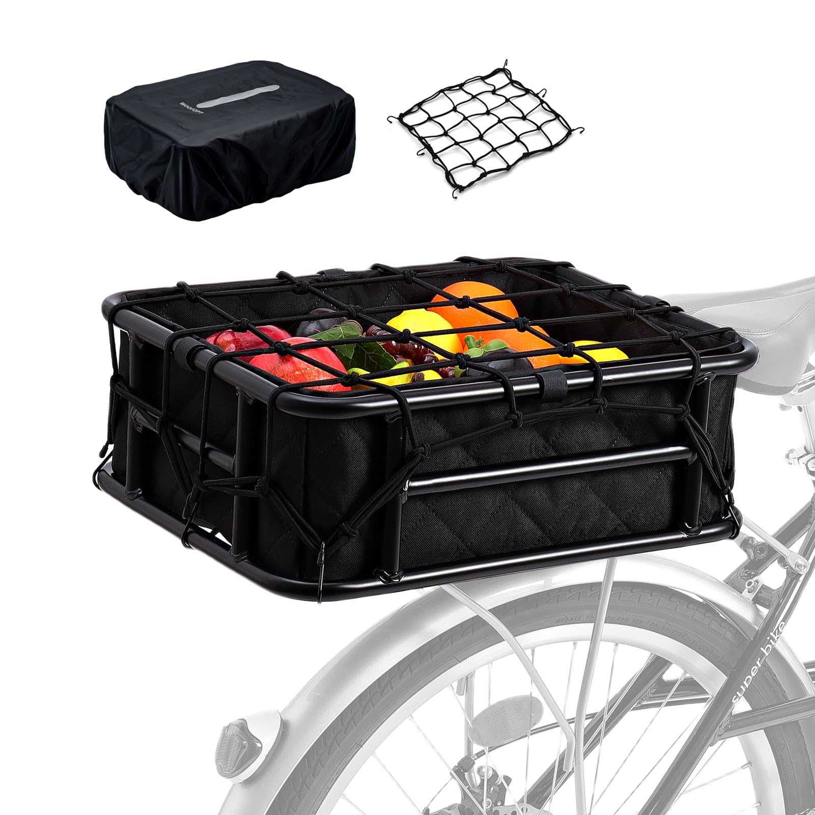 WOOFOPT Heavy Duty Rear Bike Basket with Rainproof Cover, Cargo Net & Liner - Large Metal Bicycle Rack Basket for Electric Bikes & Regular Bikes - Perfect for Commuting, Grocery Shopping & Outdoor Adventures