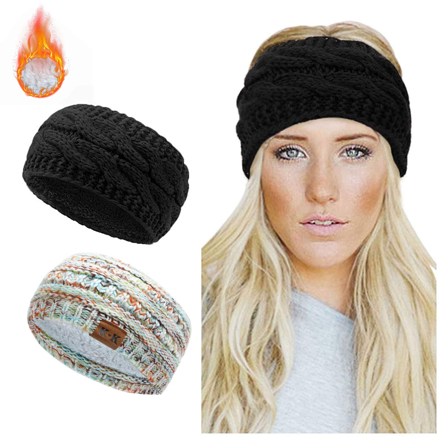 Women's Winter Knitted Headband - Fleece Lined Ear Warmer Headwrap, Crochet Turban Twist Hair Band, Stretchy & Thick for Cold Weather - Perfect for Skiing, Running & Outdoor Activities (JRTD-BK+WHF)