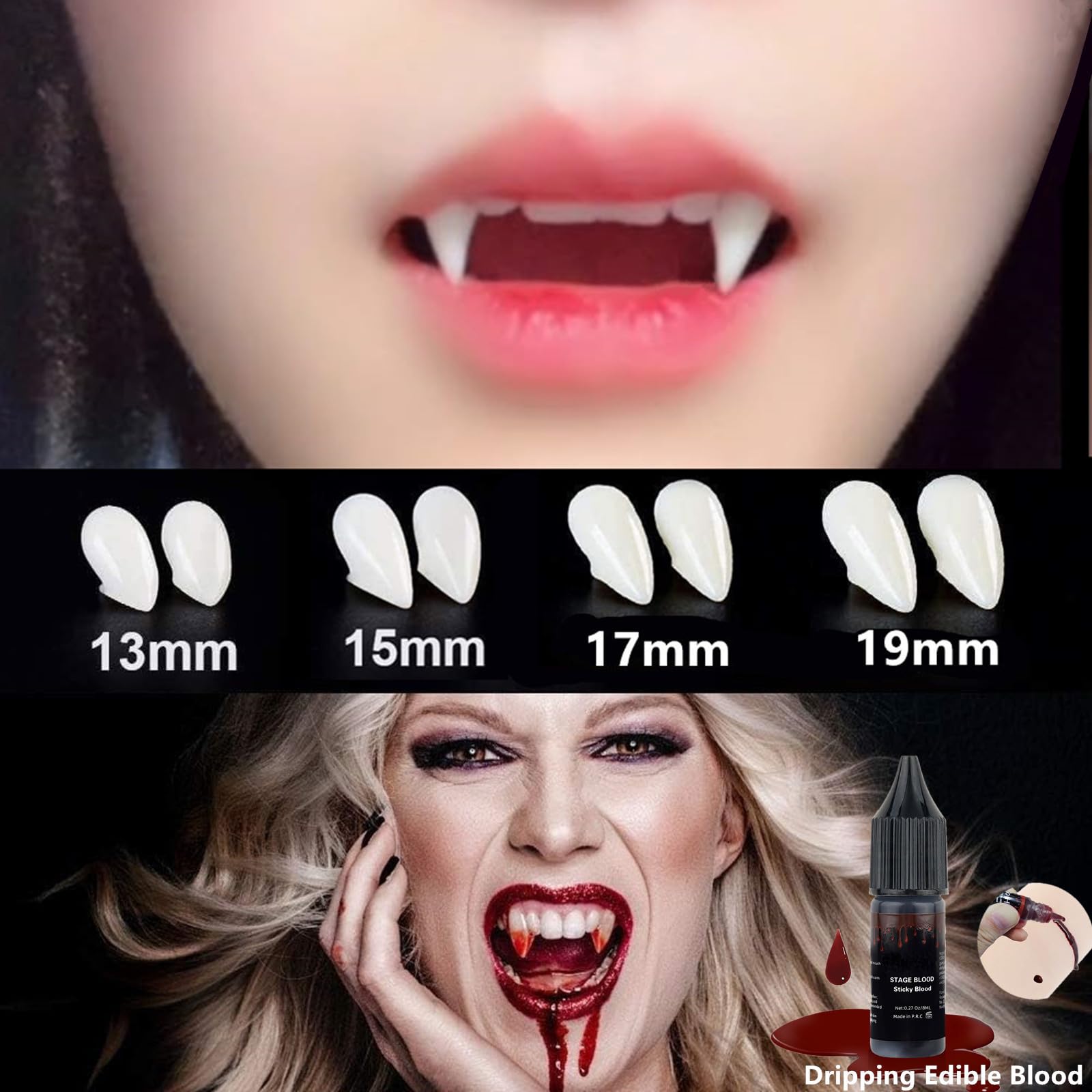 Halloween Vampire Fangs Teeth Makeup Kit - 4 Pairs Adjustable Fake Teeth with Fake Blood Spray, Sticky Blood & Dripping Blood for SFX Cosplay, Costume Parties & Horror Movie Effects