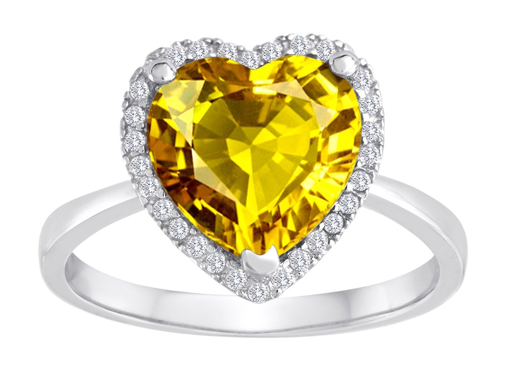 Star K Heart Shape Simulated Citrine Halo Ring Sterling Silver - Elegant Fashion Jewelry for Women, Perfect for Valentine's Day Gifts, Anniversary Presents & Romantic Occasions