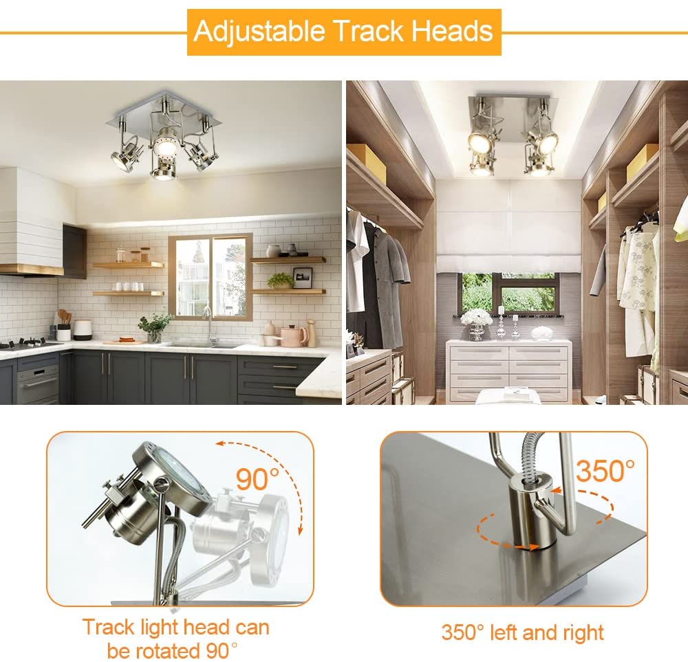 Depuley Modern 4-Way LED Ceiling Light Fixture - Square Panel Design with Adjustable Spotlights, 3000K Warm White Lighting, Brushed Nickel Finish - Perfect for Kitchen, Living Room, Bedroom & Office (Includes 4 GU10 Bulbs) | Energy-Efficient Ambient & Task Lighting for Home & Commercial Spaces
