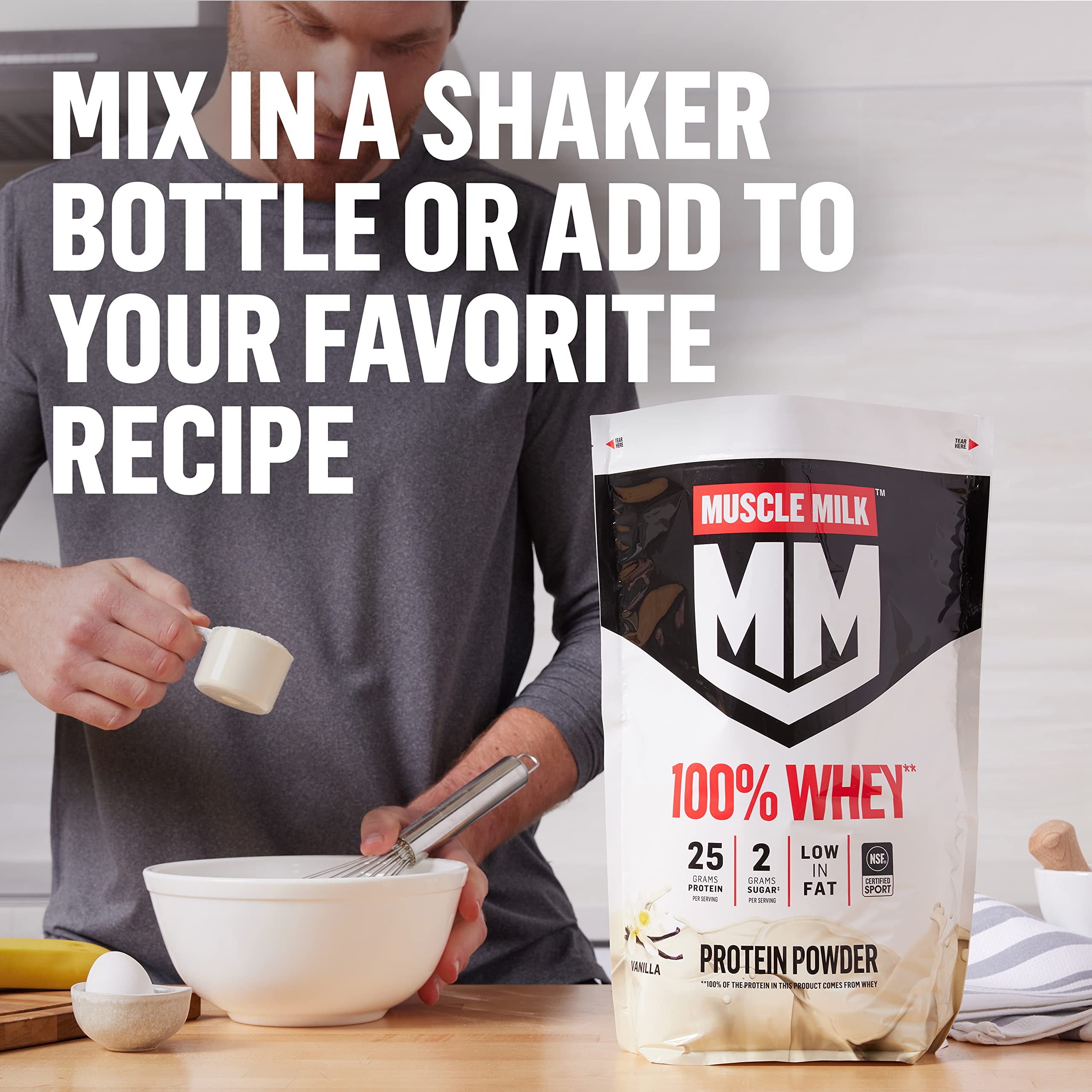 Muscle Milk 100% Whey Protein Powder - Vanilla Flavor (5lb, 68 Servings) | 25g Protein, 2g Sugar, Low Fat | NSF Certified for Sport | Post-Workout Recovery & Energy Boost | Ideal for Gym, Weight Training & Healthy Snacking | Packaging May Vary