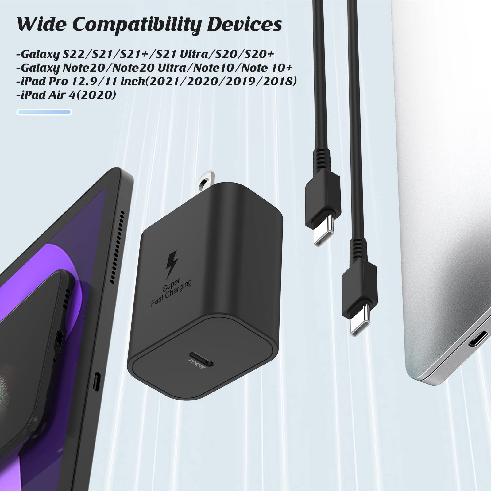 2-Pack 45W Super Fast USB-C Wall Charger with 6ft Cable - Compatible with Samsung Galaxy S24 Ultra/S24/S23+/S23/S22 Ultra/S22+/S22/S21/S21+/Note 20 Ultra/Note10+ - Fast Charging for Phones, Tablets & More - Perfect for Home, Office & Travel