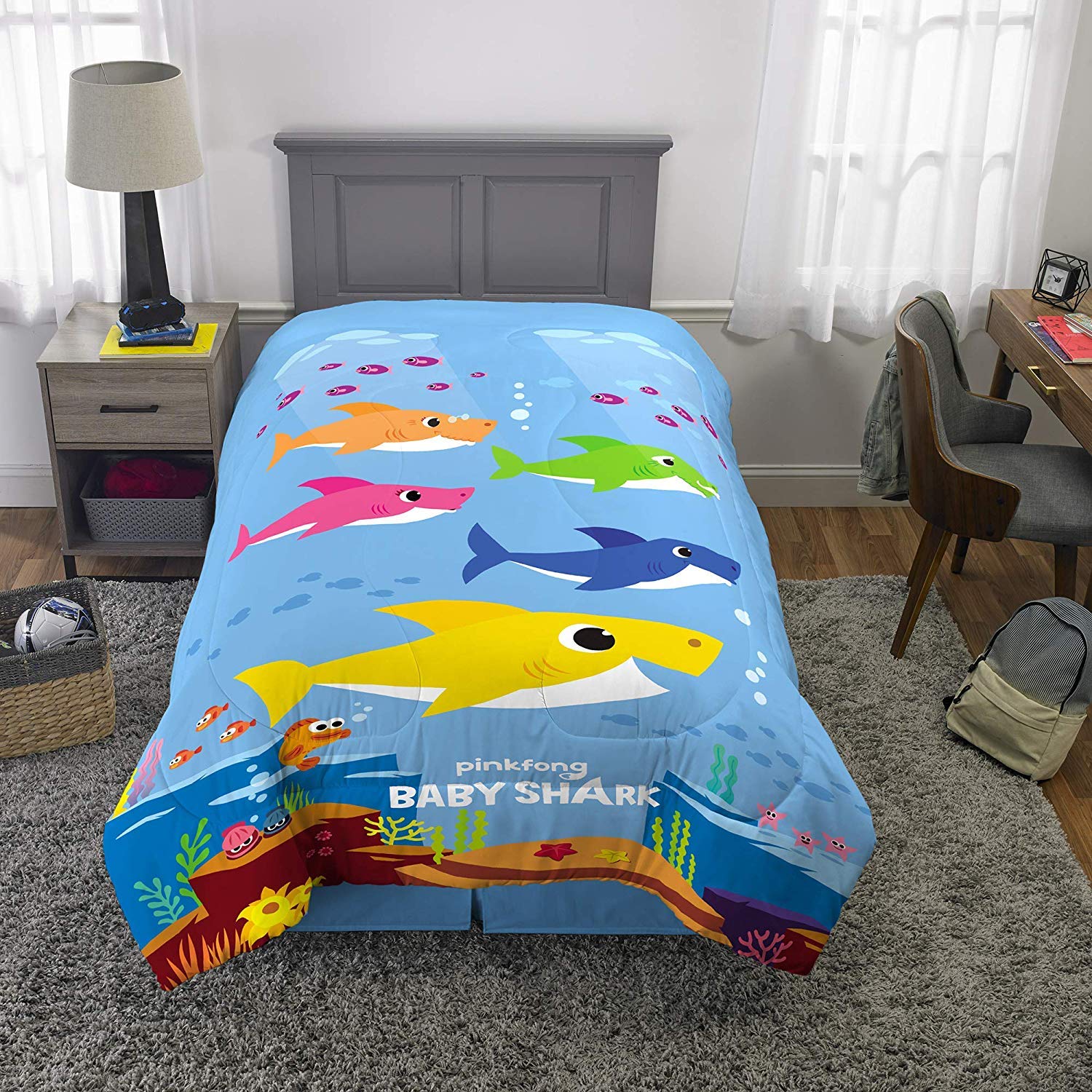 Baby Shark Kids 2-Piece Twin/Full Reversible Comforter and Sham Bedding Set - Soft Nursery Bedding for Boys & Girls, Shark Themed Room Decor